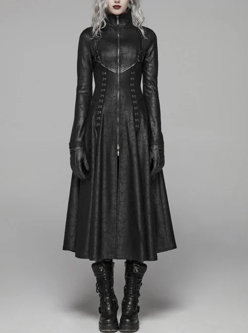High Collar Front Zipper Metal Ring Woven Strap Back Waist Lace-Up Slit Hem Black Punk Crack Knitted Long Coat