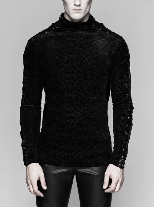 High Collar Lace-Up Long Sleeve Black Gothic Vintage Pattern Print T-Shirt