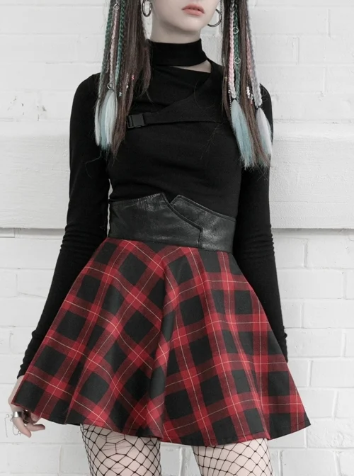 High Collar Side Hollow-Out Front Chest Buckle Long Sleeve Black Punk T-Shirt