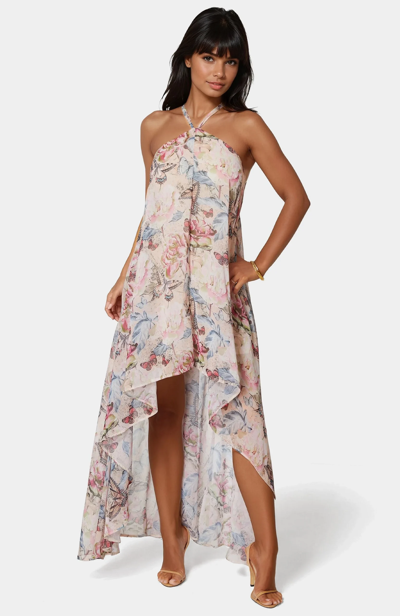 High Low Chiffon Halter Maxi Dress