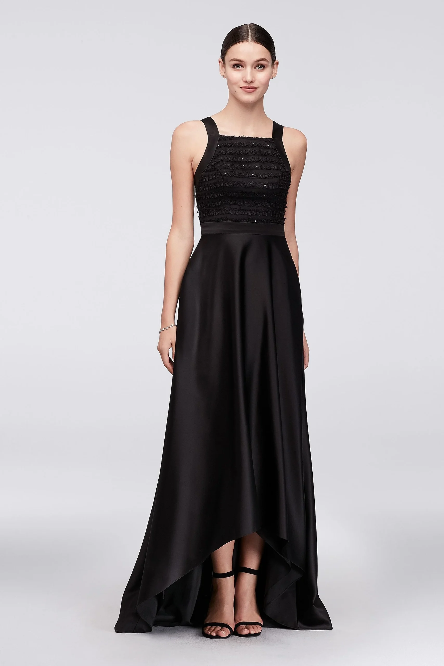 High-Low Satin Ball Gown with Soutache Ruffle