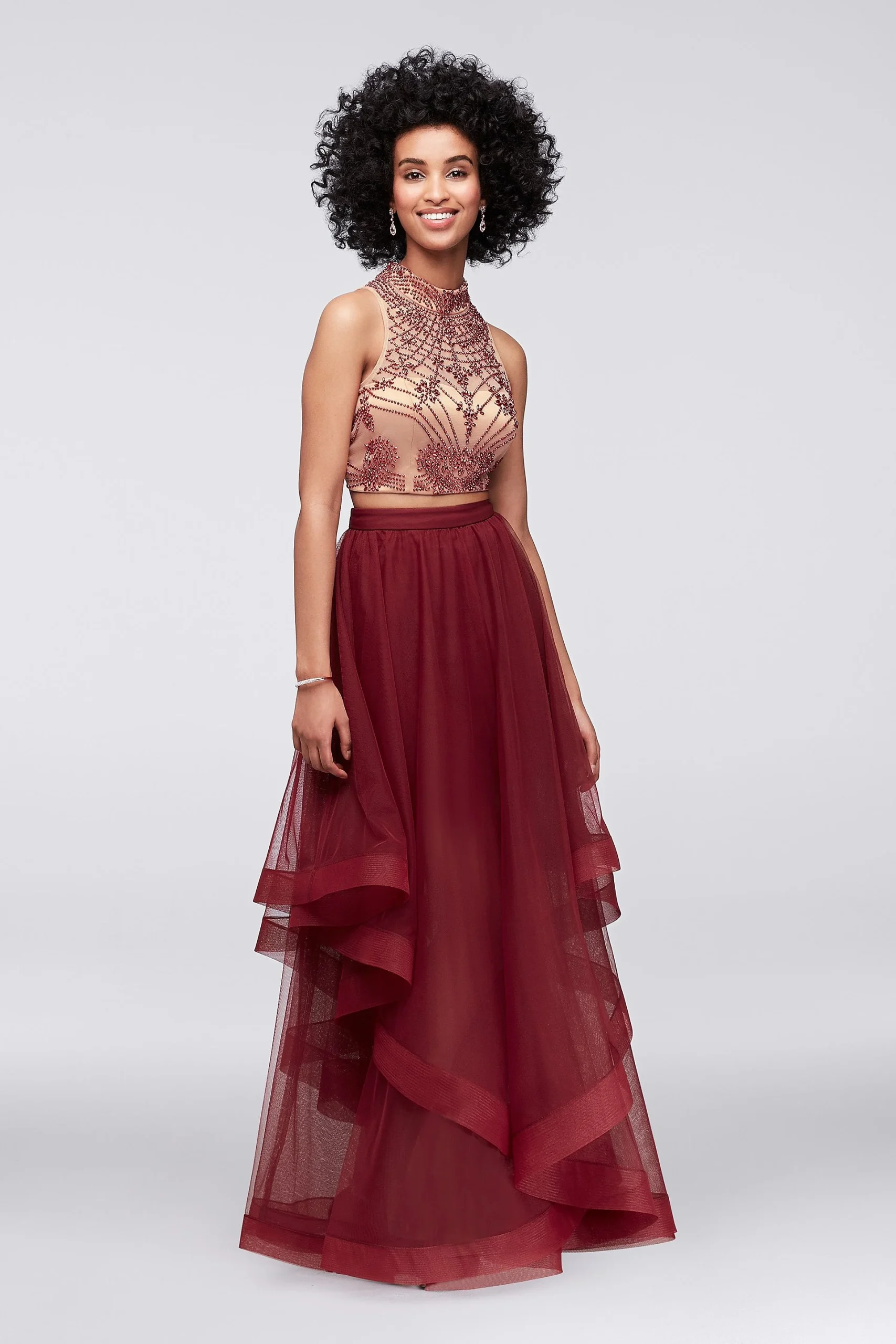 High-Neck Beaded Two-Piece Dress with Tulle Skirt