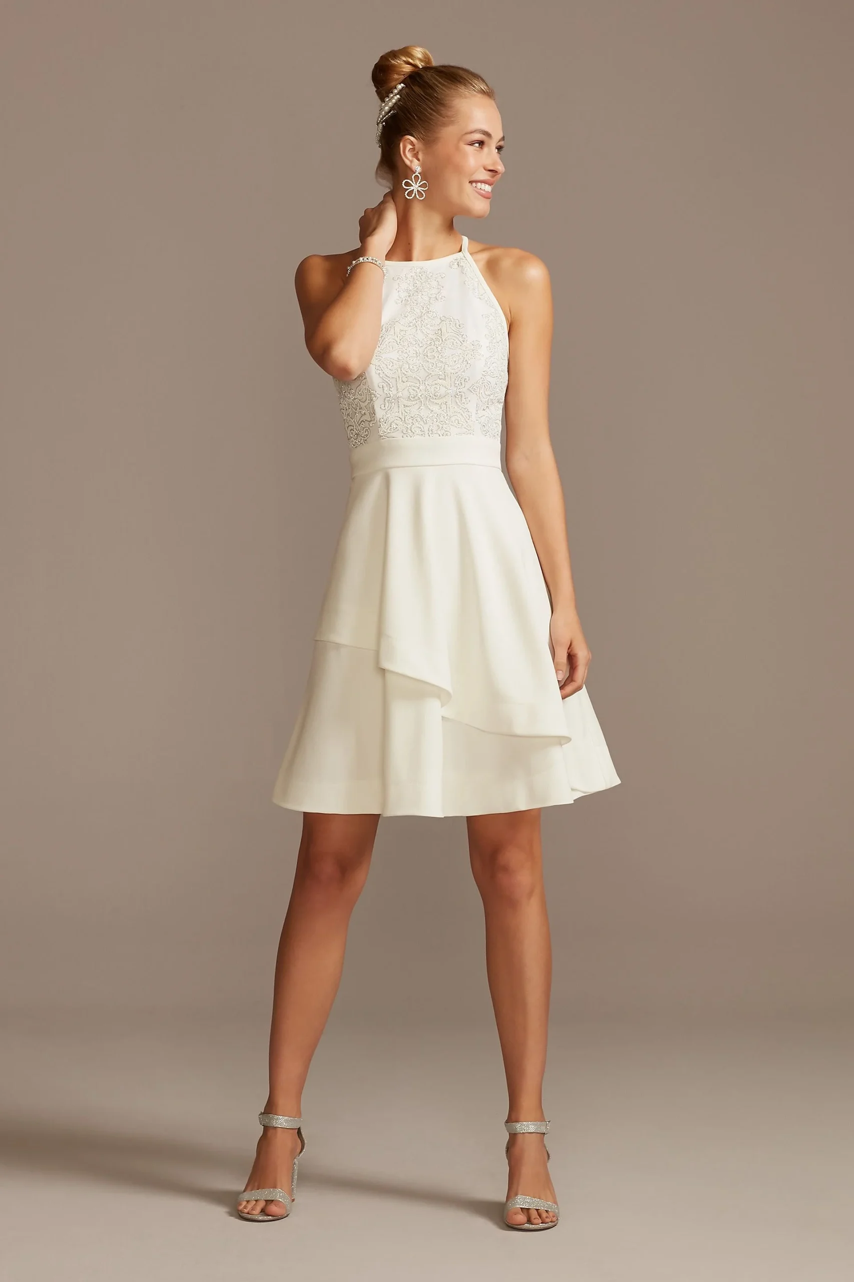 High Neck Caviar Beaded Stretch Mini Dress