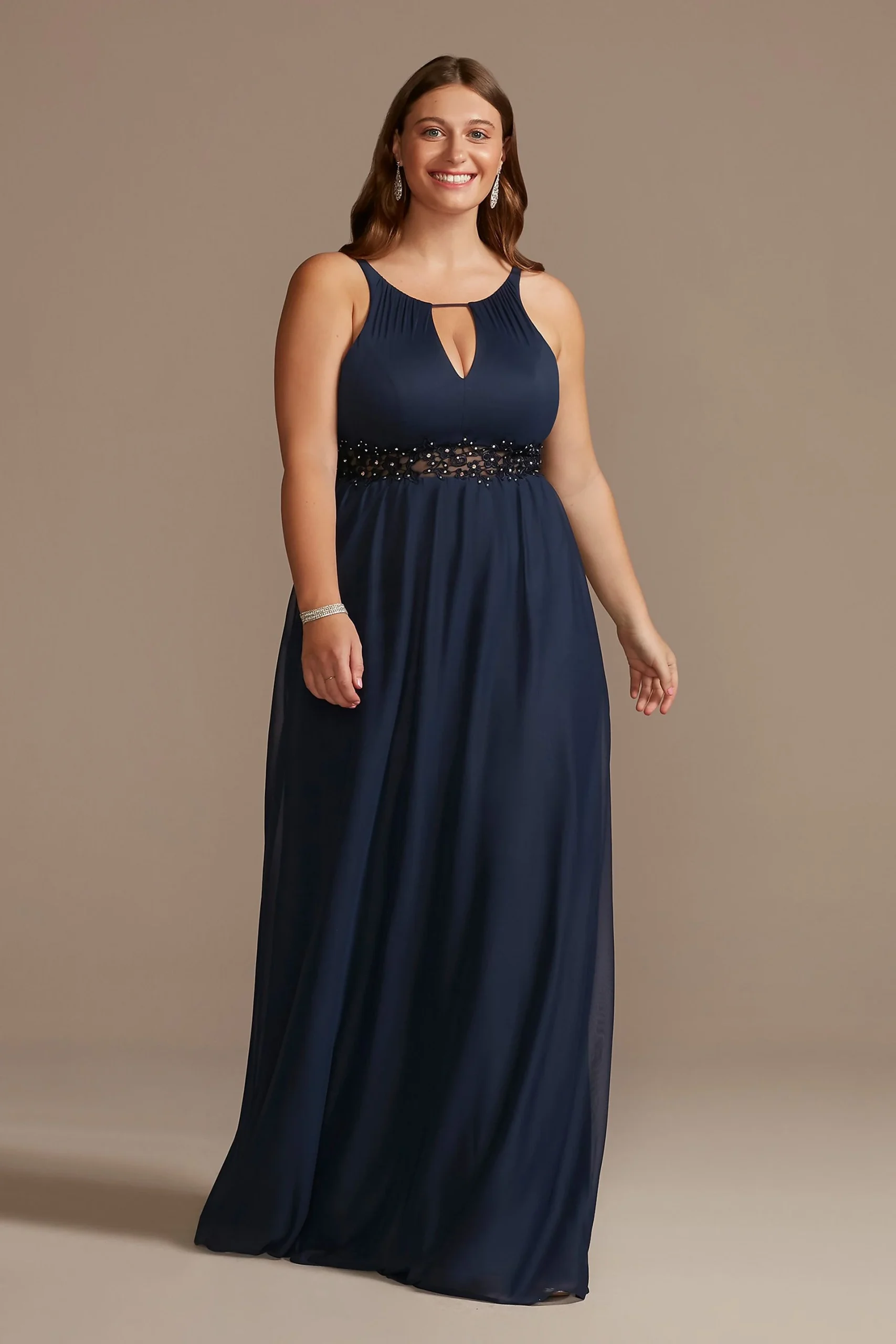 High-Neck Chiffon Gown with Keyholes