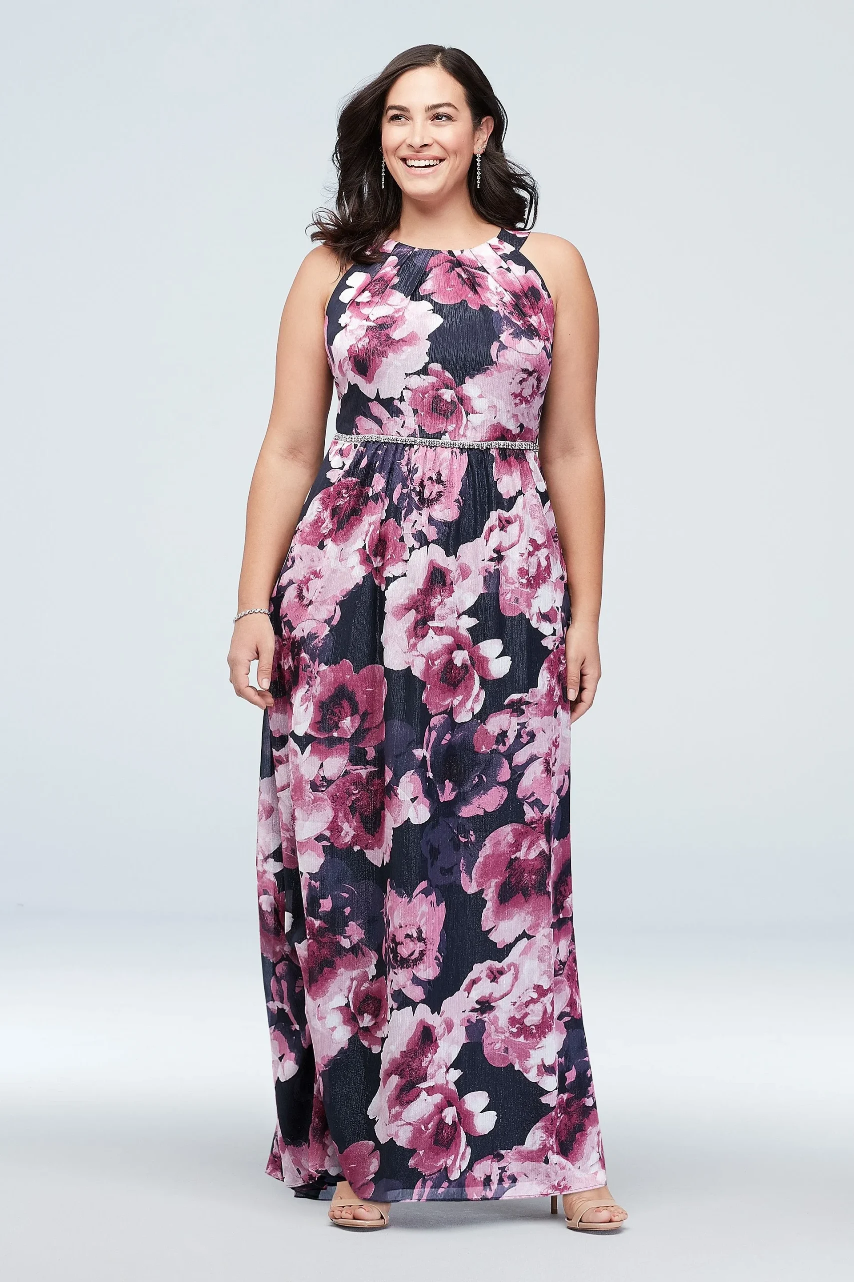 High-Neck Chiffon Plus Size Dress with Cryst