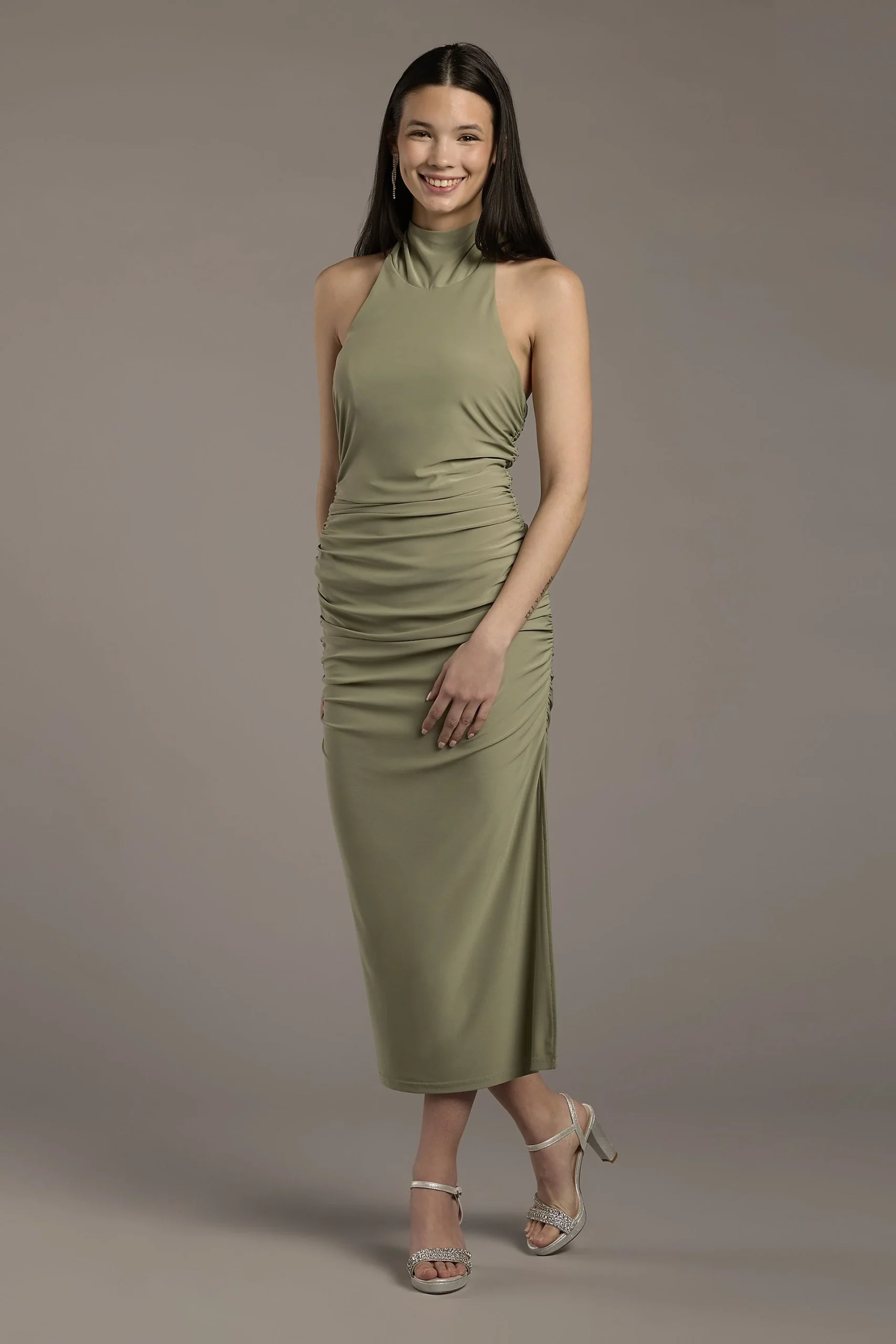 High Neck Fitted Jersey Sheath Dress