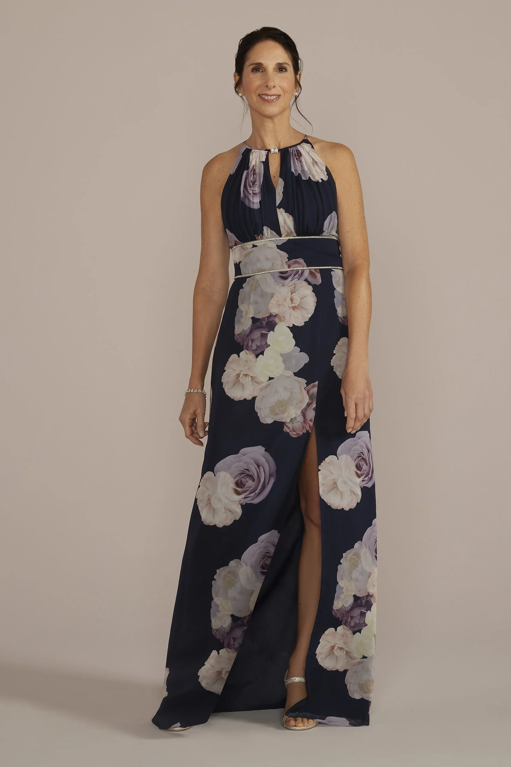 High-Neck Floral A-Line Gown with Keyholes