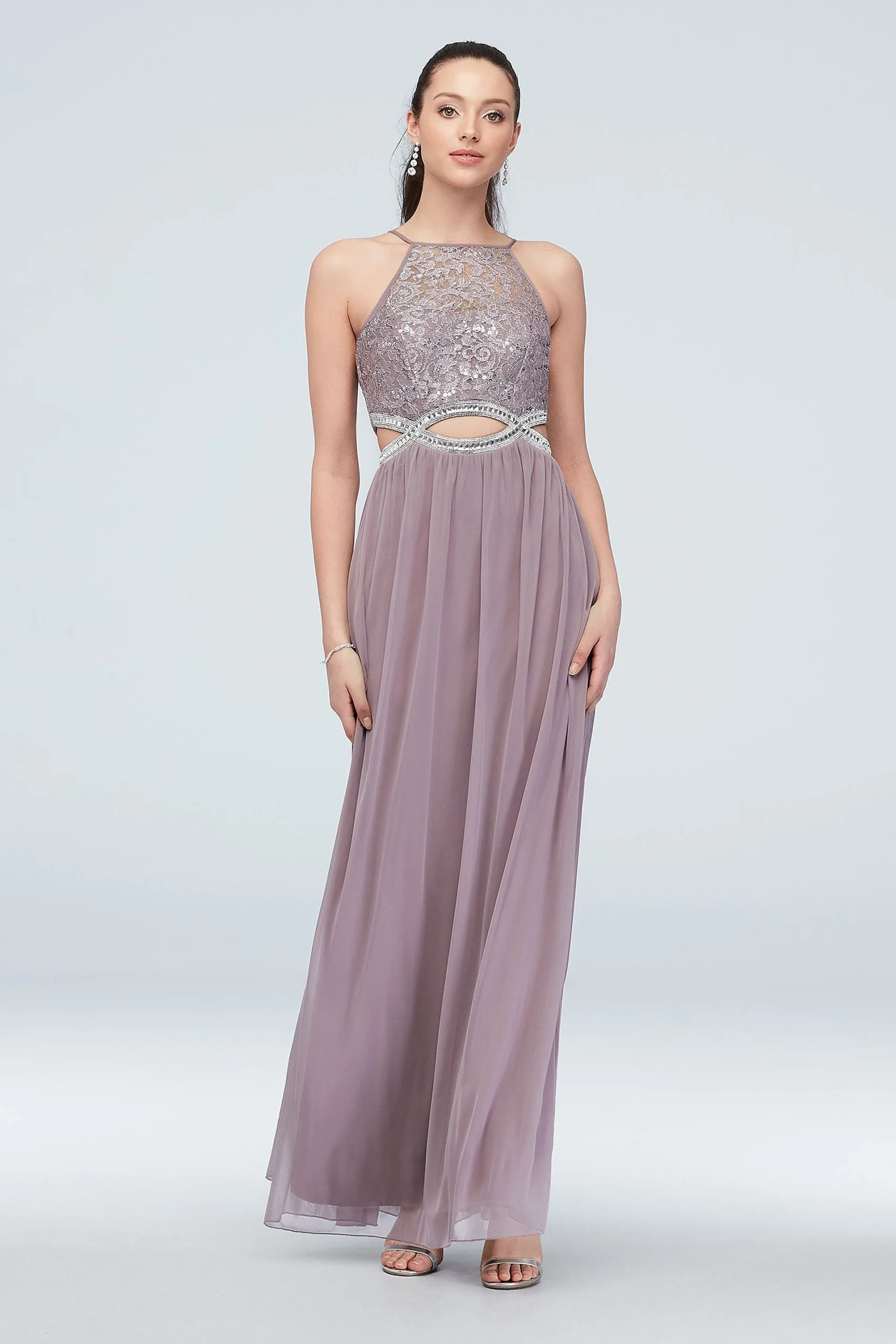 High-Neck Lace and Jersey Gown with Cutout Waist