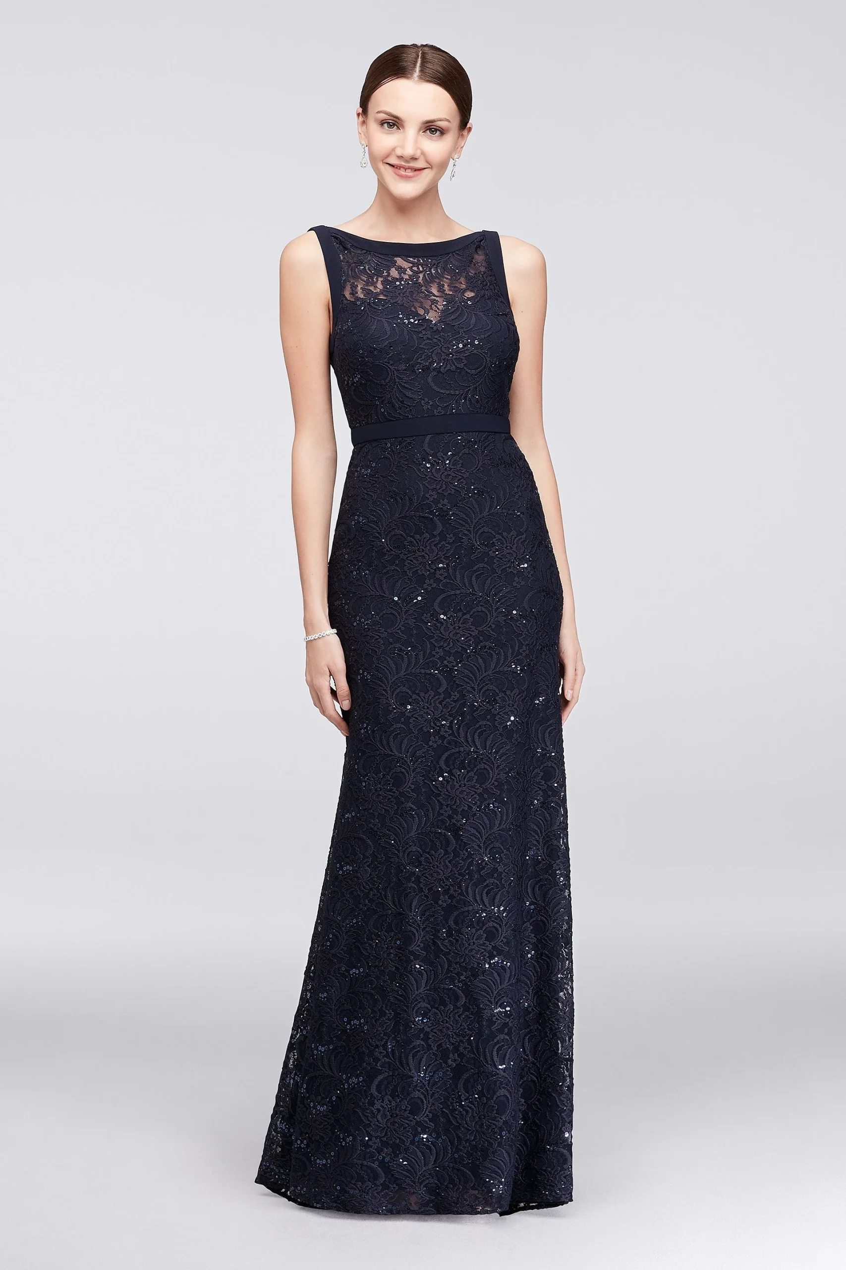 High-Neck Lace Mermaid Dress with Tonal Seaming