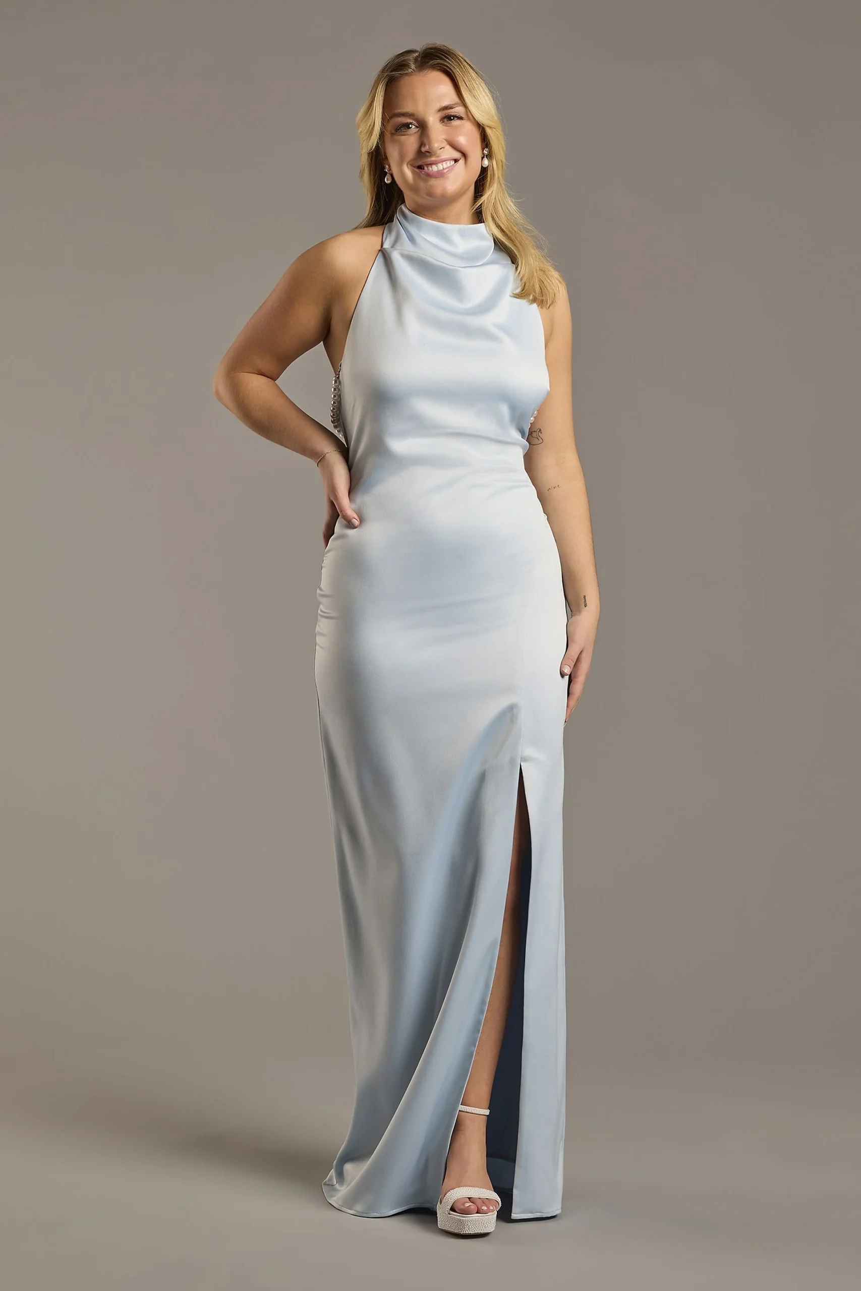 High-Neck Satin Sheath Dress with Pearl Bar Back