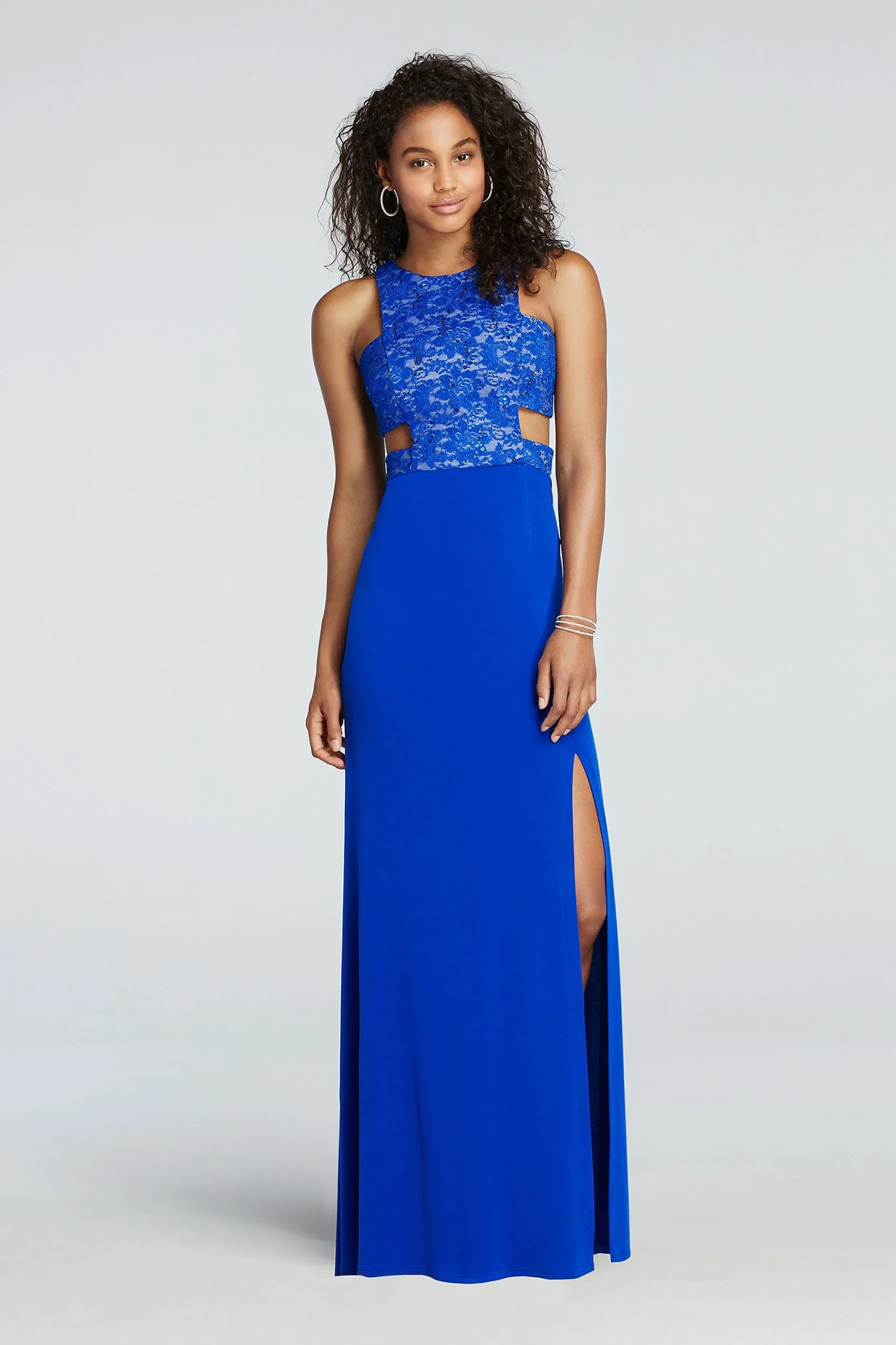 High Neck Sequin Lace Prom Dress with Cut Outs