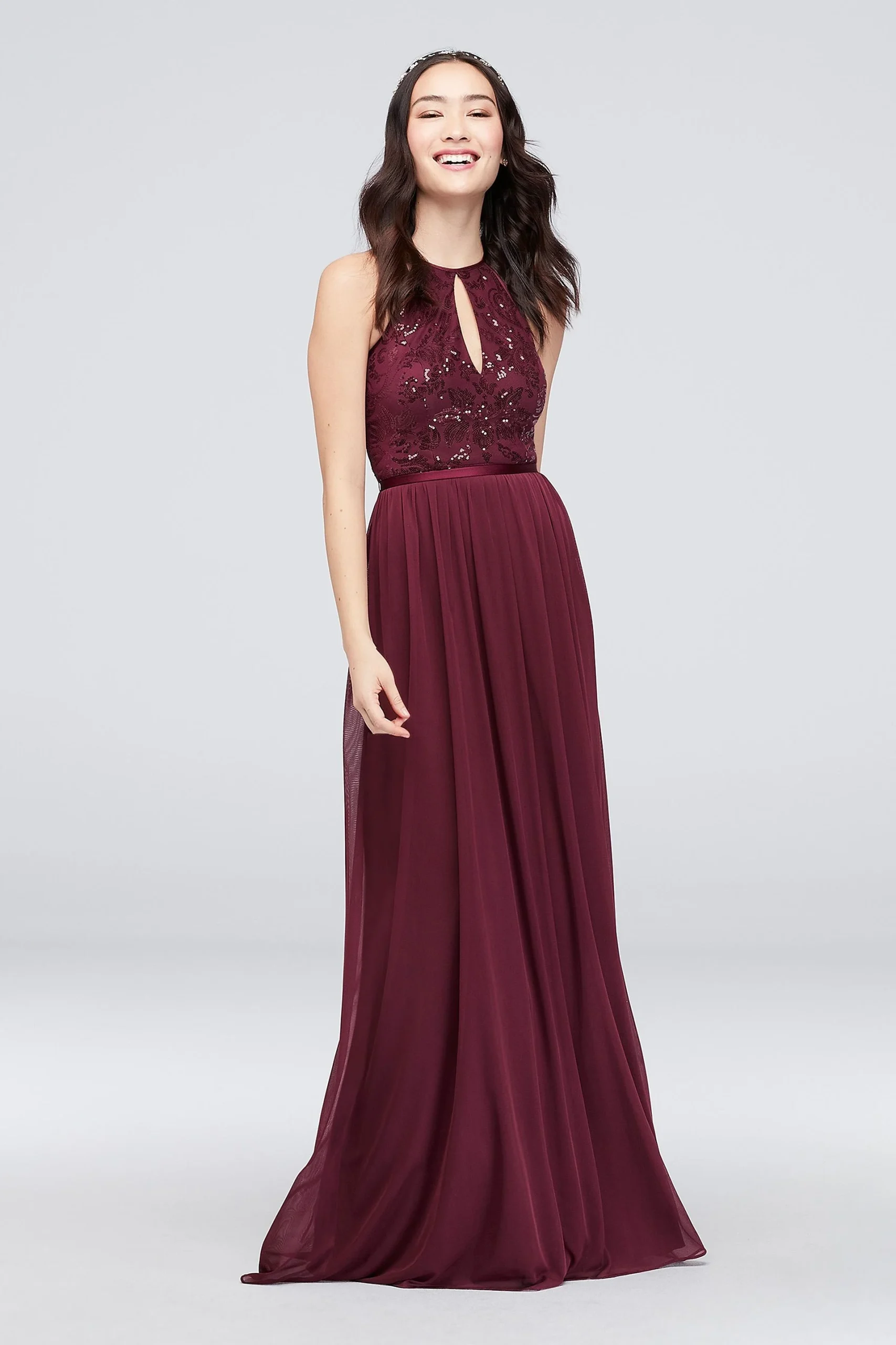 High-Neck Sequin and Mesh Gown with Keyhole
