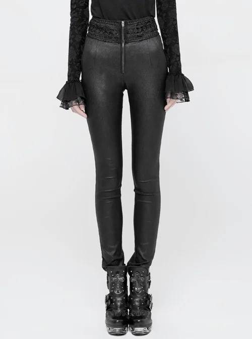 High Waist Flower Weaves The Ribbon Decoration Lace-Up Black Gothic Jacquard Tight Pants
