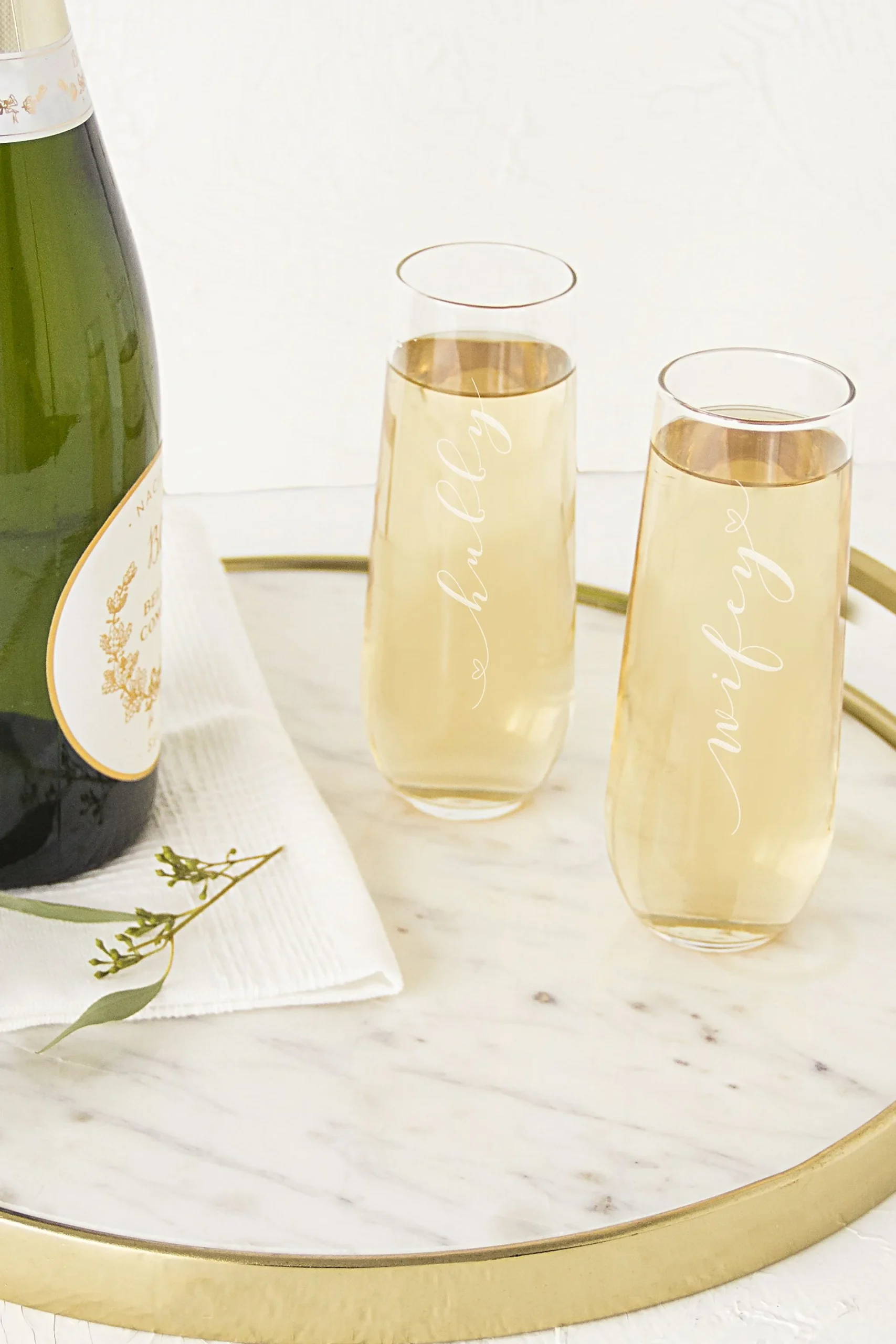 Hubby and Wifey Stemless Champagne Flutes