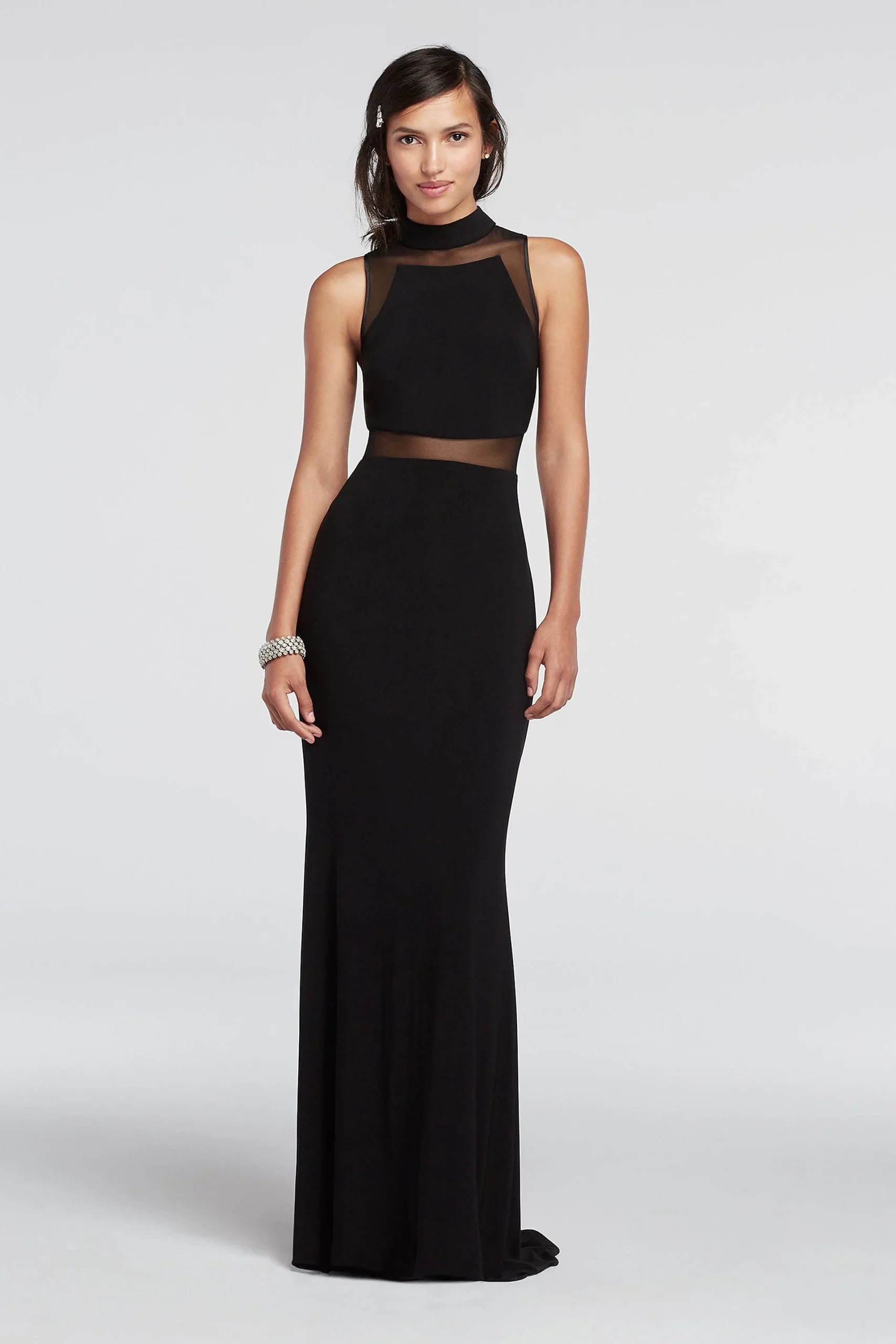 Illusion Band Floor Length Sleeveless Prom Dress