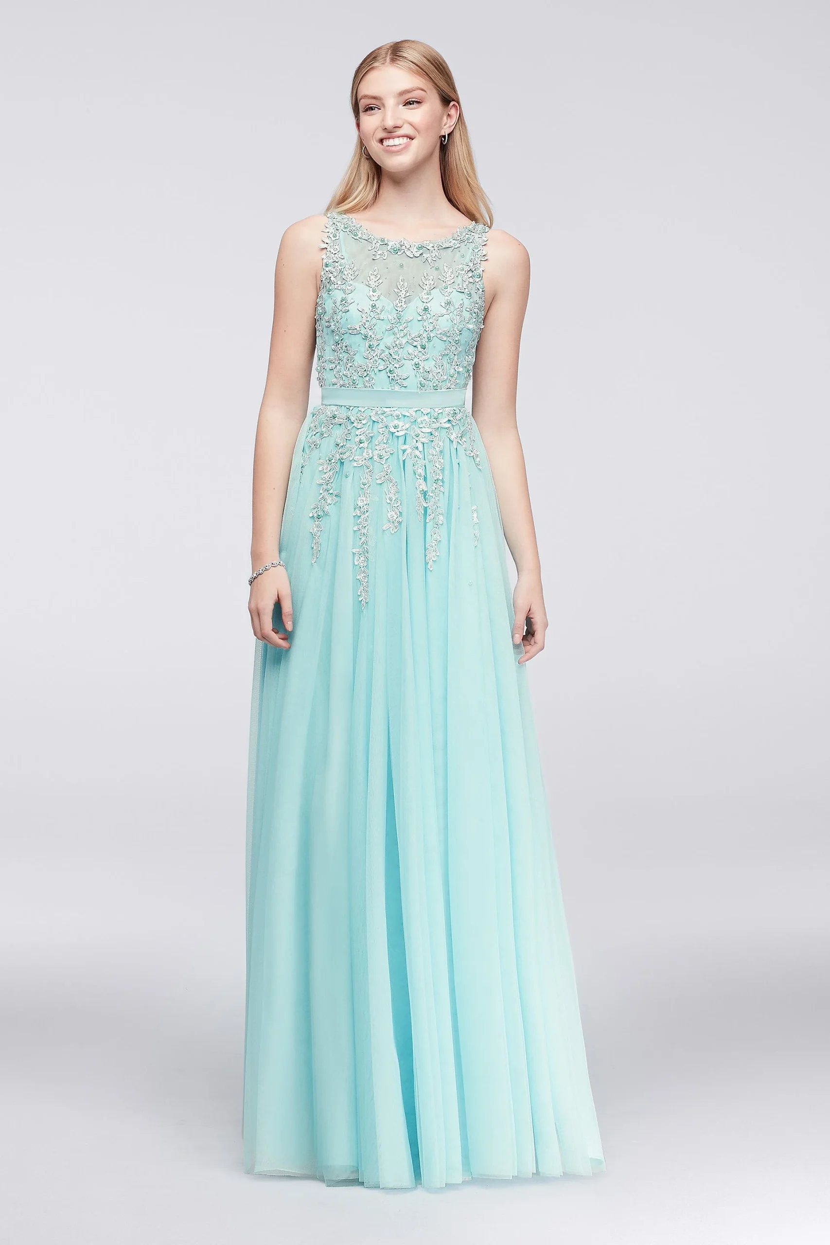 Illusion Bodice Dress with Trailing Lace Appliques