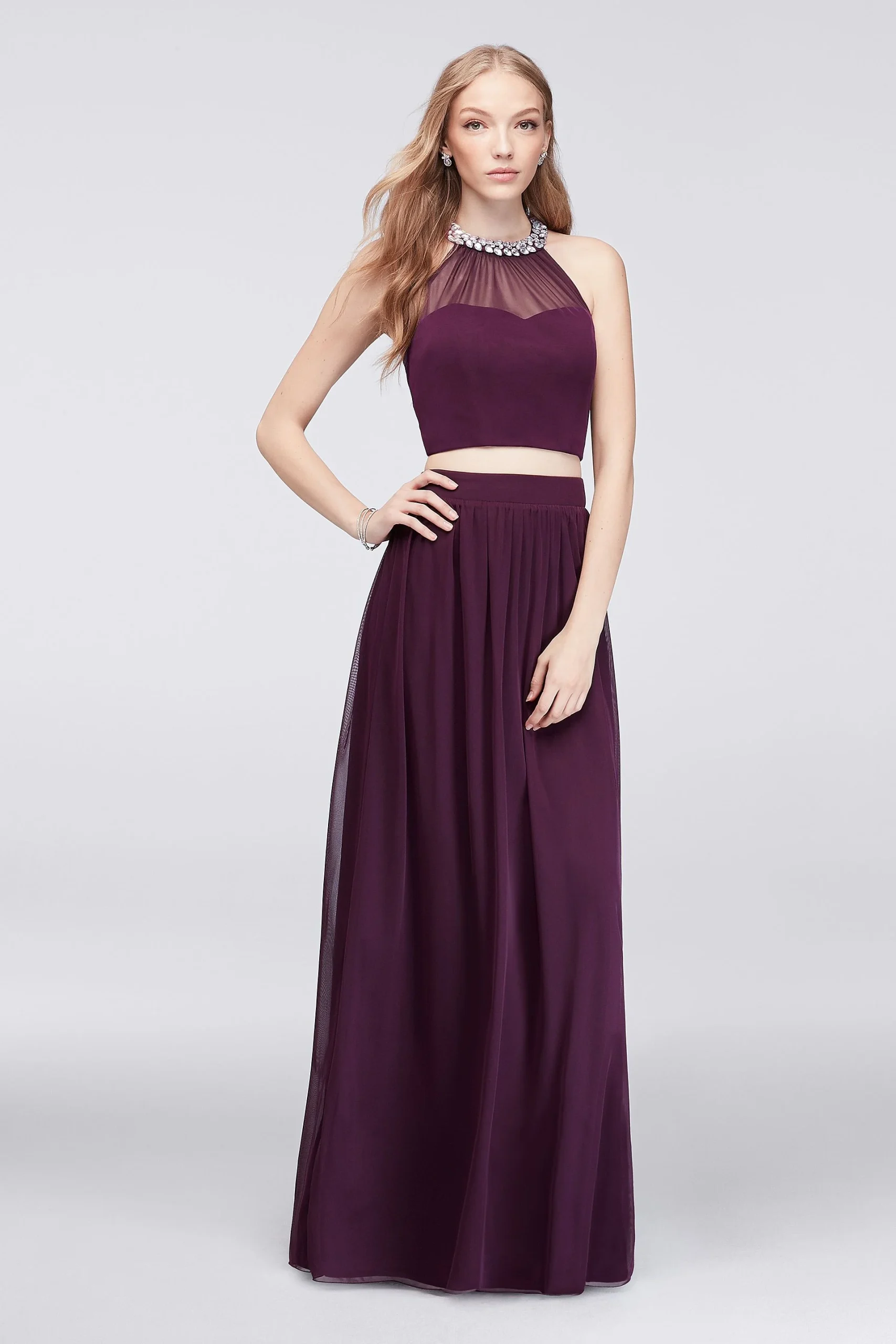 Illusion-Bodice Two-Piece Dress with Gem Collar