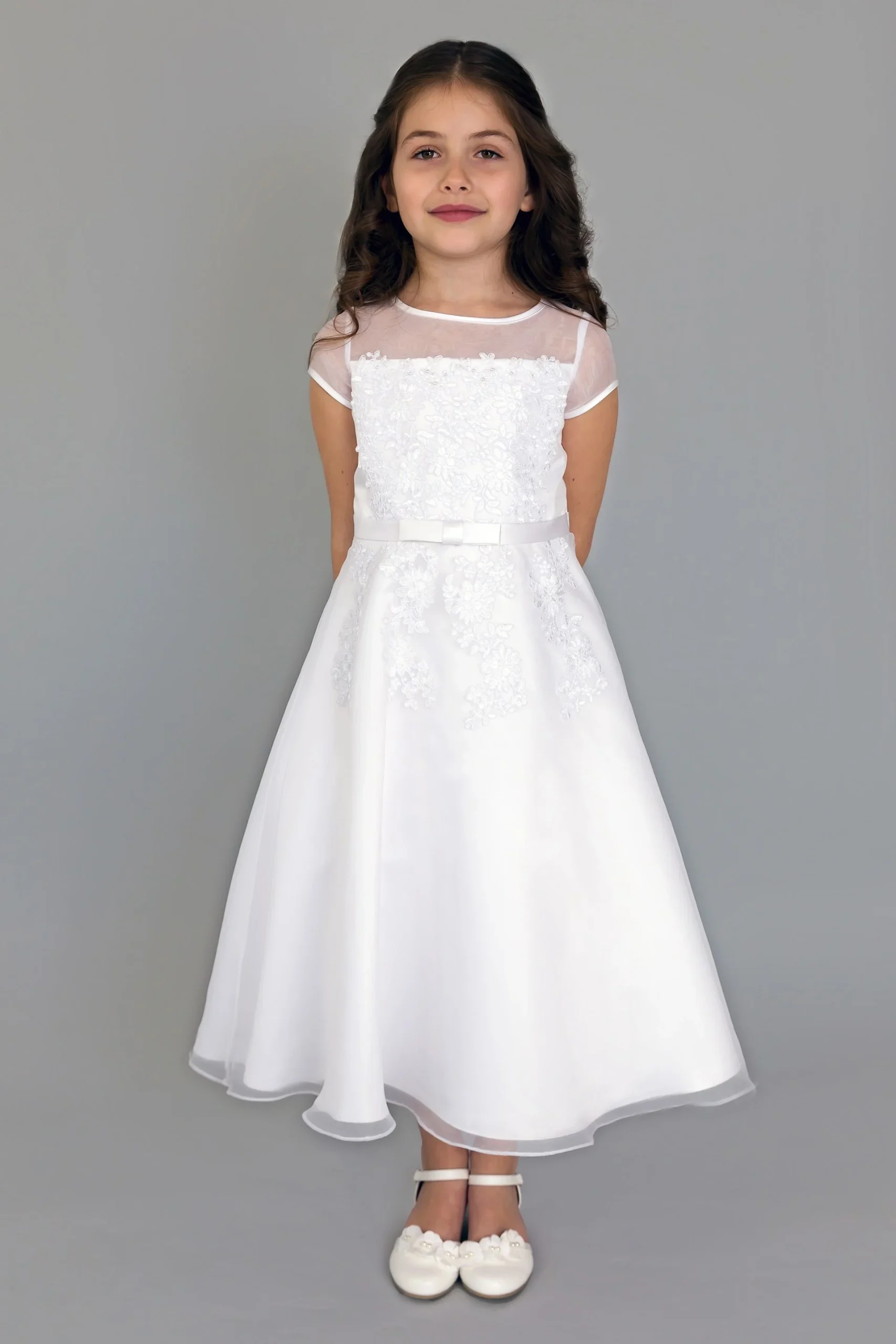 Illusion Cap Sleeve Fit-and-Flare Communion Dress