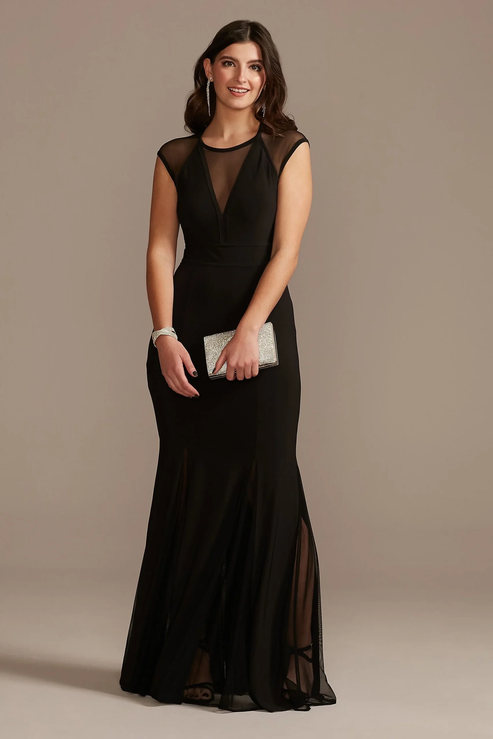 Illusion Cap Sleeve Open Back Jersey Sheath Gown