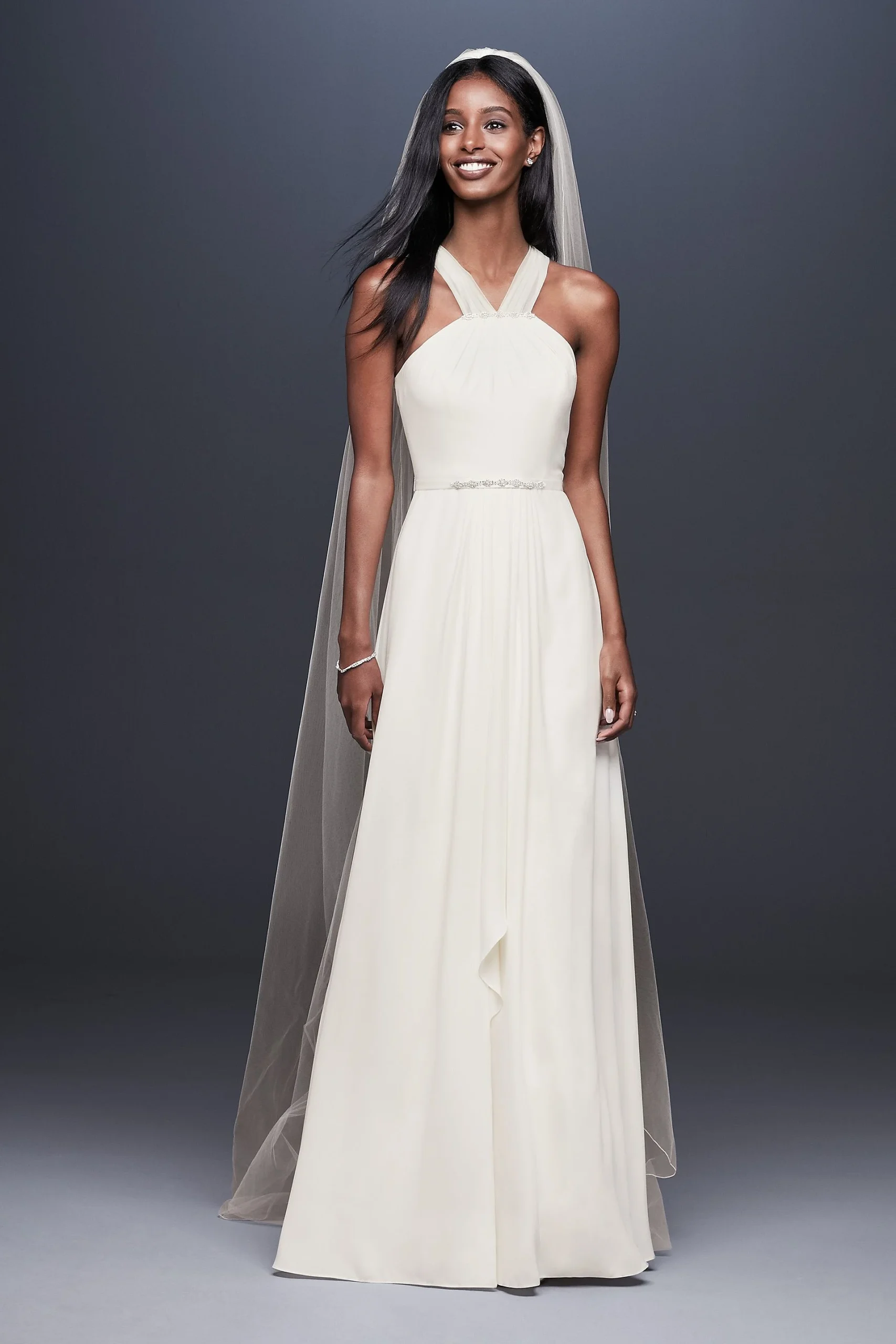Illusion Crepe Gown with Cascading Skirt