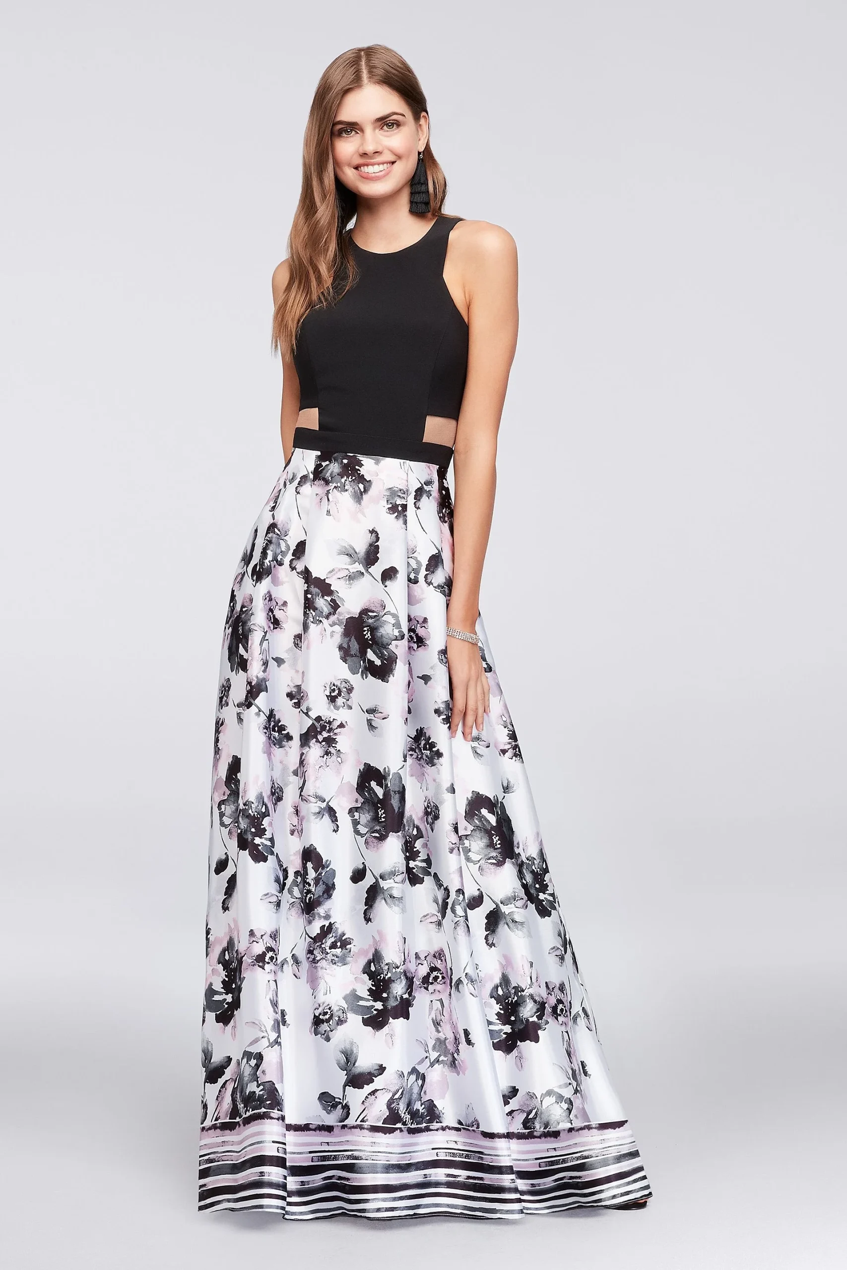 Illusion Cutout Gown with Printed Charmeuse Skirt