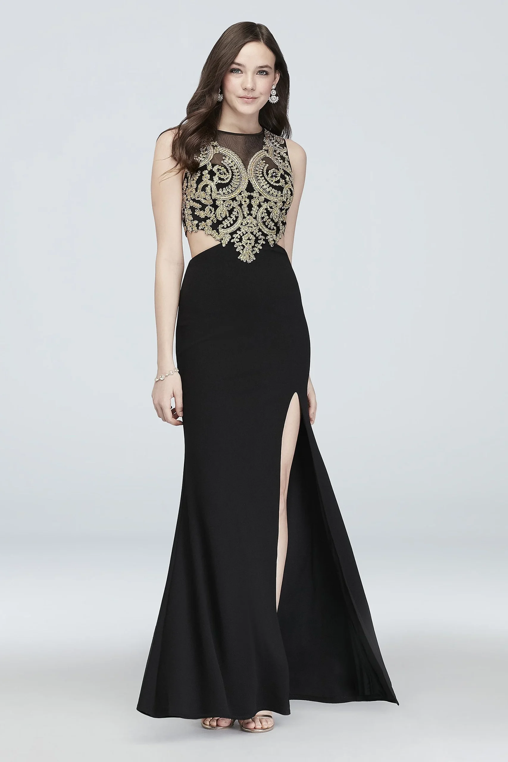 Illusion Embellished Brocade Gown with Cutouts