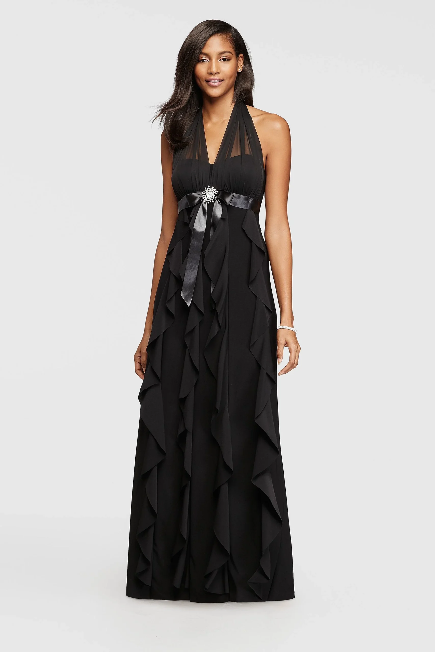 Illusion Halter Jersey Dress with Corkscrew Ruffle