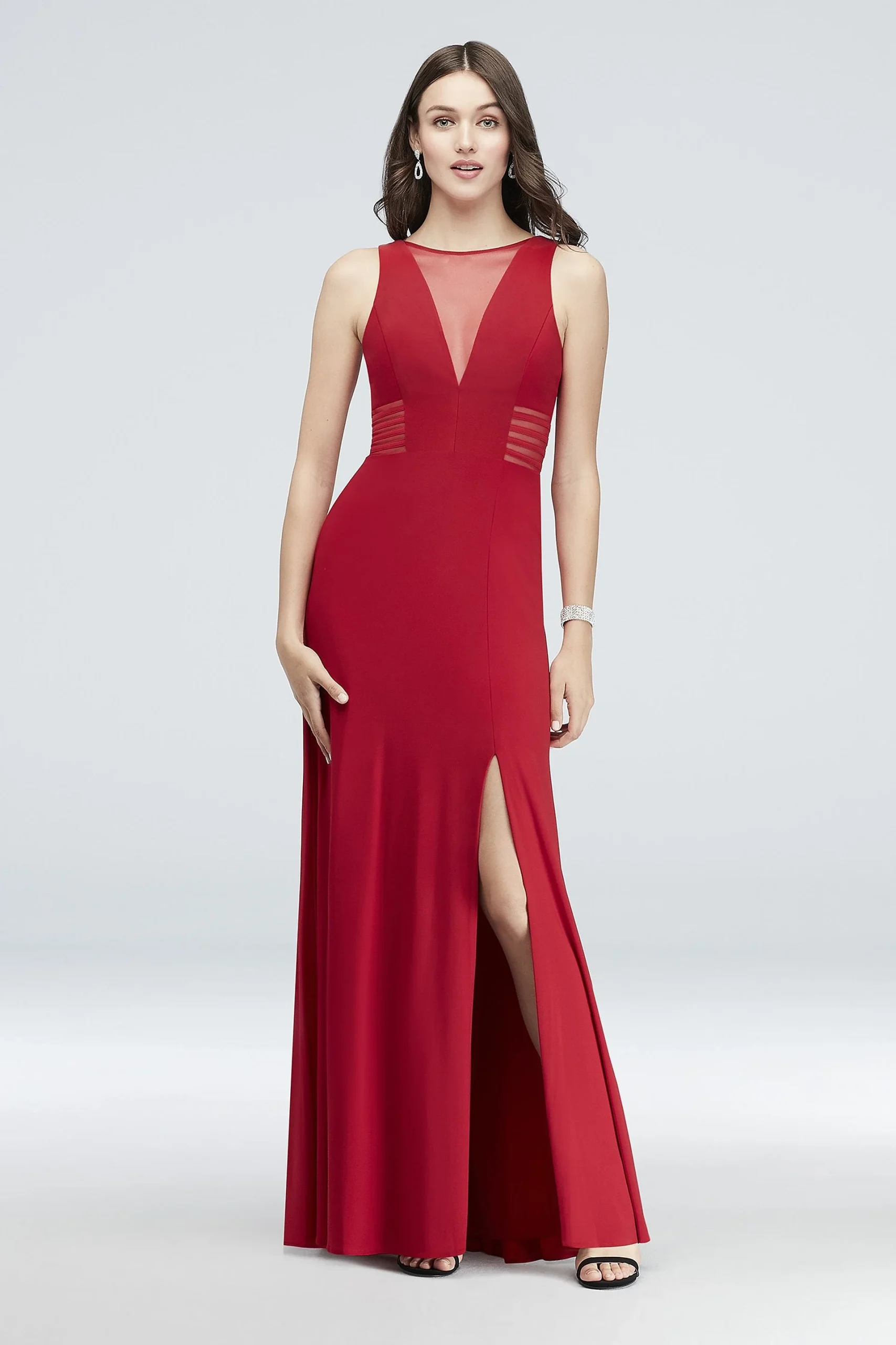 Illusion-Inset V-Neck Jersey Sheath Gown