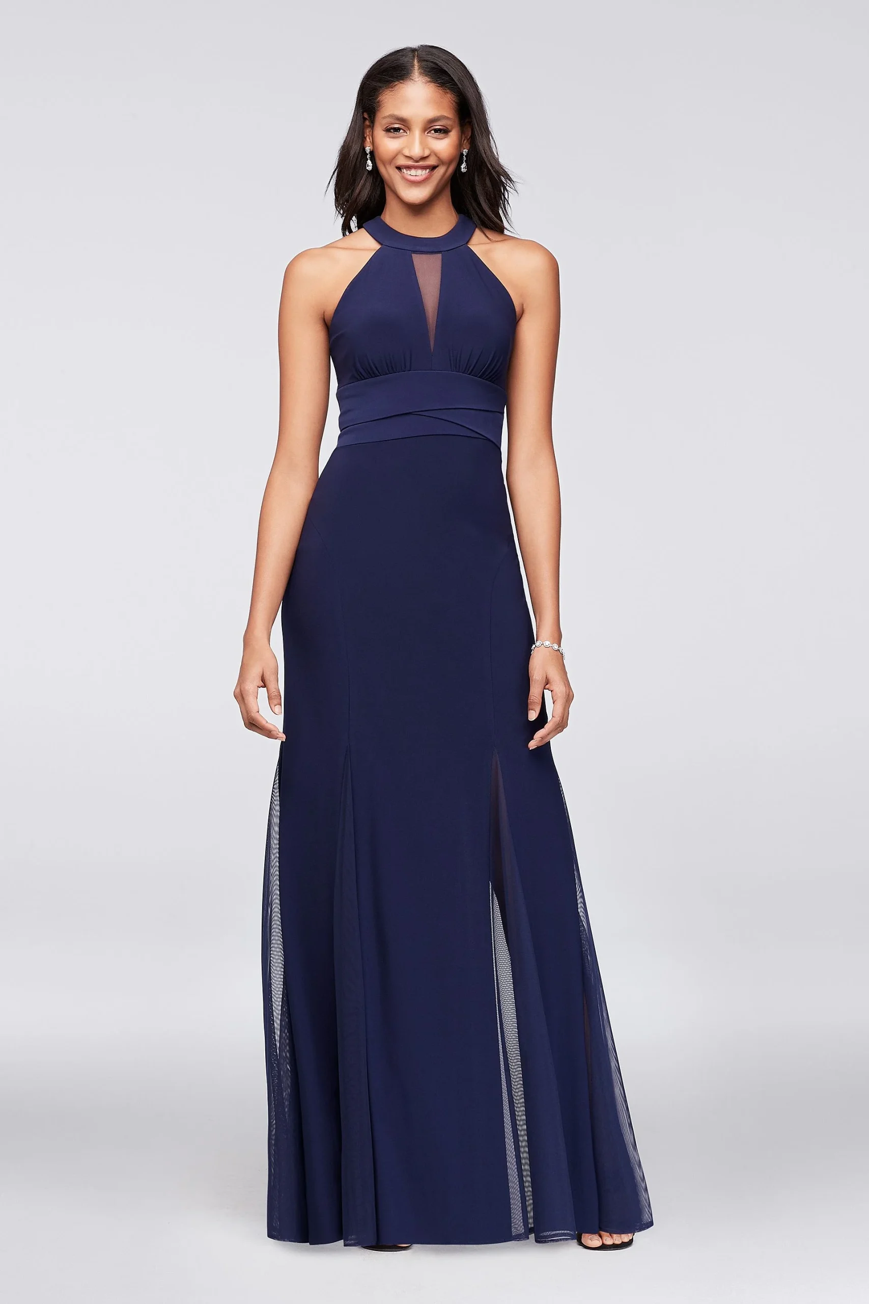 Illusion Keyhole Jersey Gown with Layered Waist