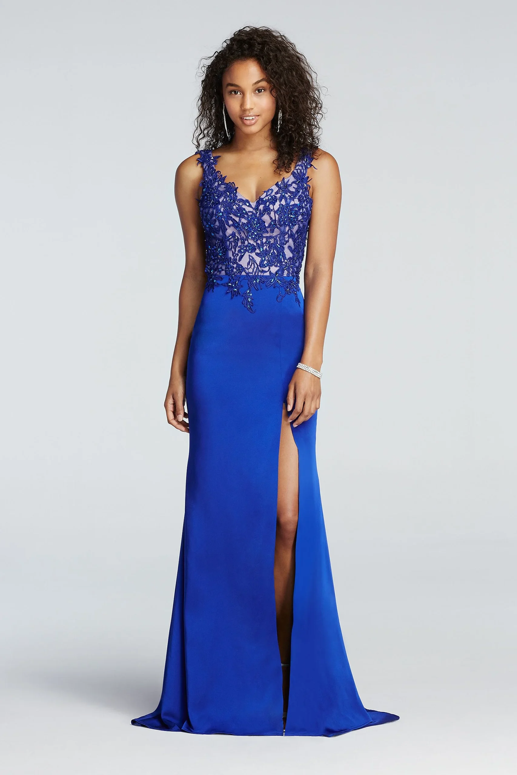 Illusion Lace Applique Fitted Faille Prom Dress