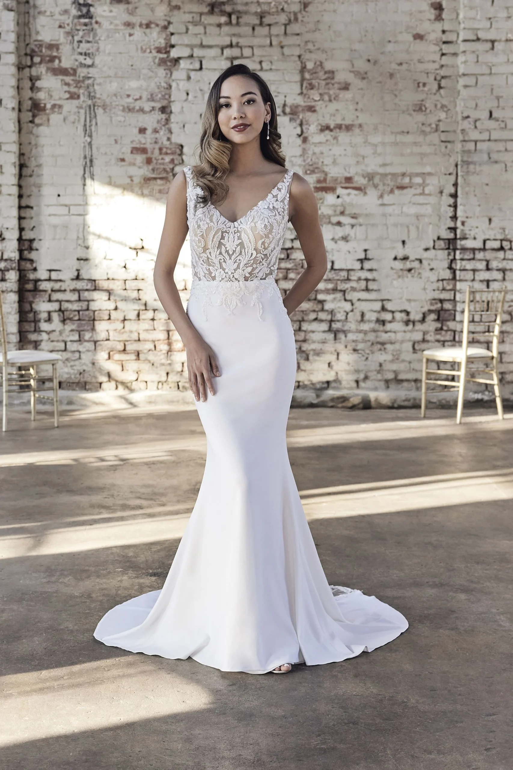Illusion Lace Bodice Crepe Tank Wedding Dress