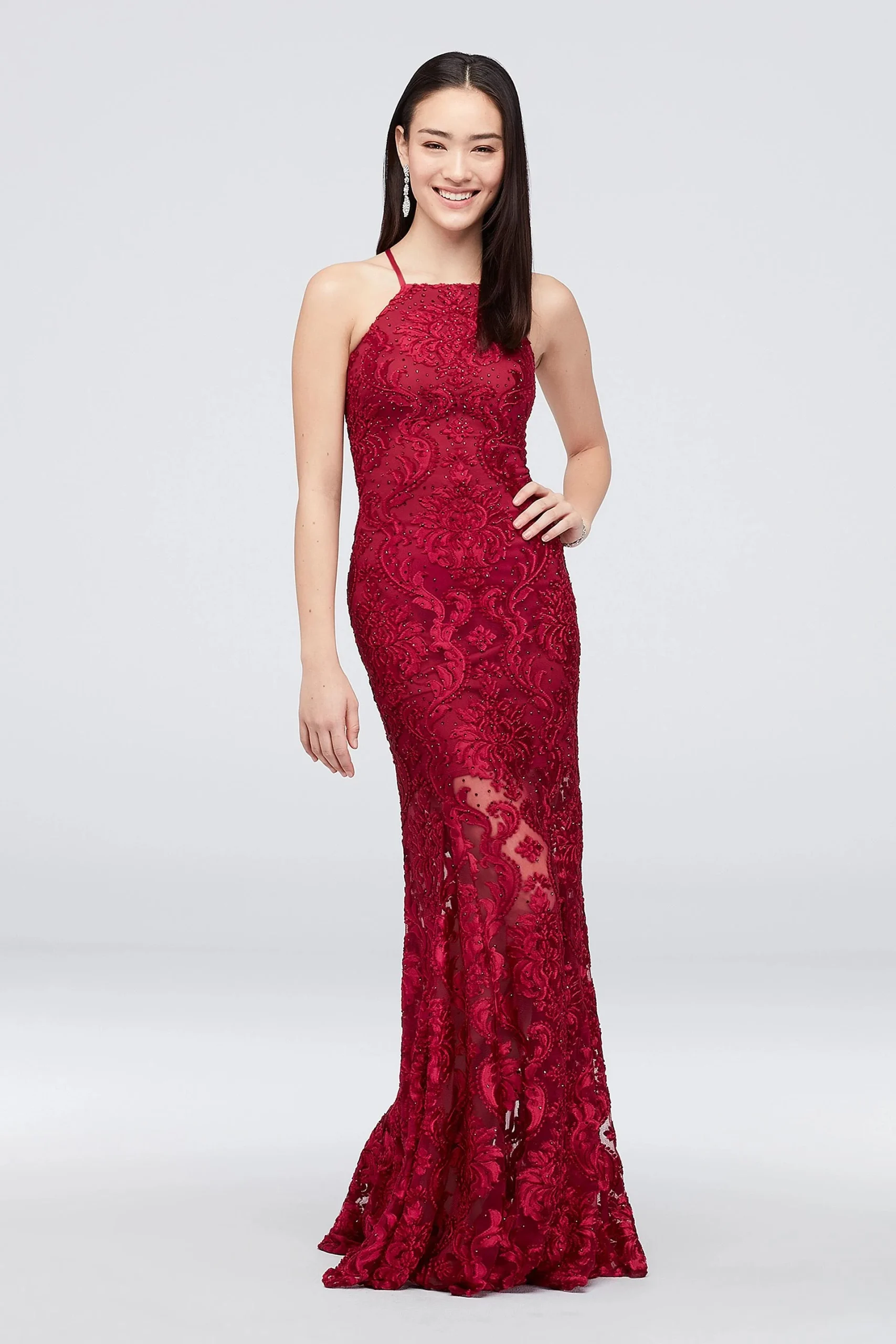 Illusion Lace Halter Sheath with Tie Closure