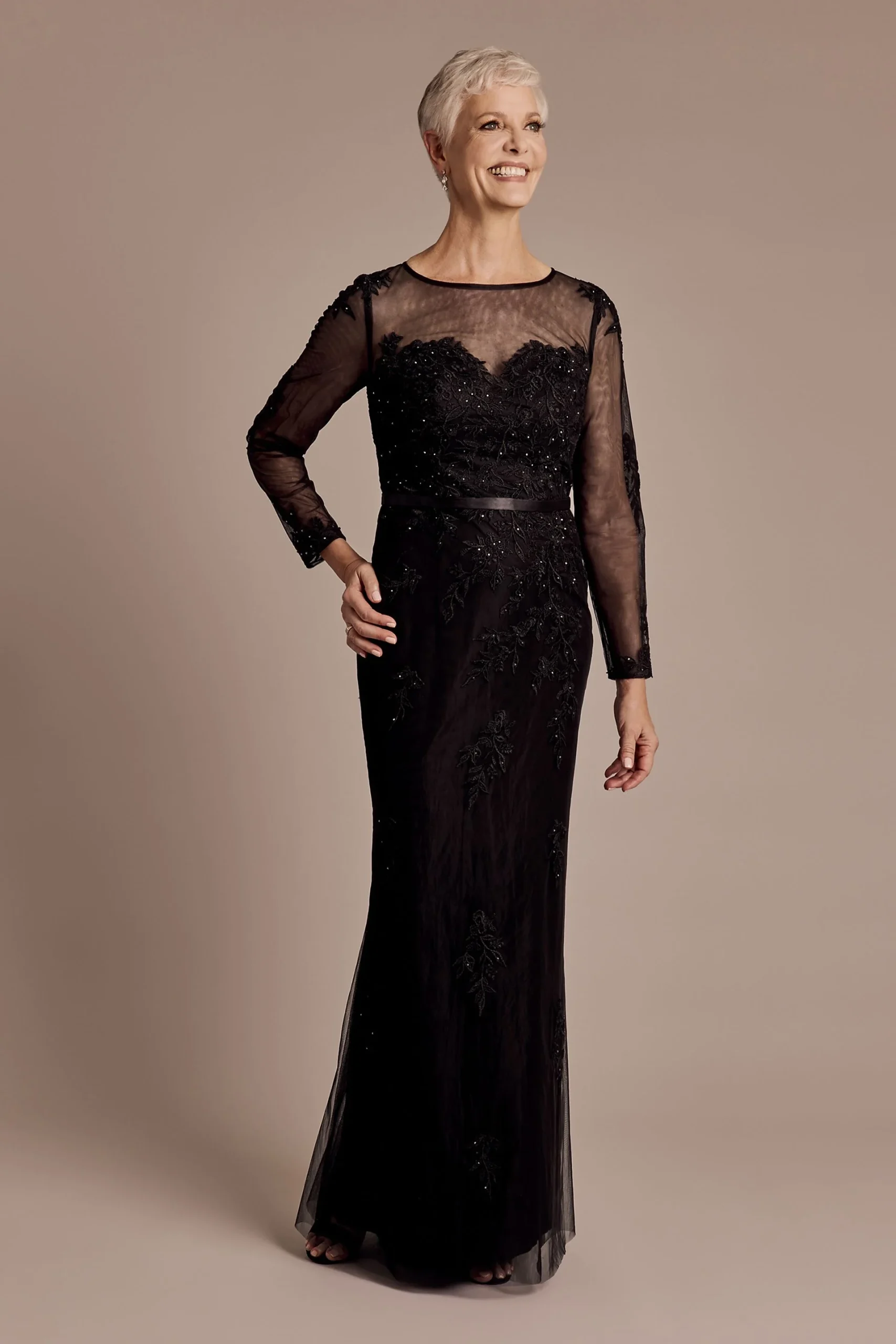 Illusion Long Sleeve Applique Fit and Flare Dress