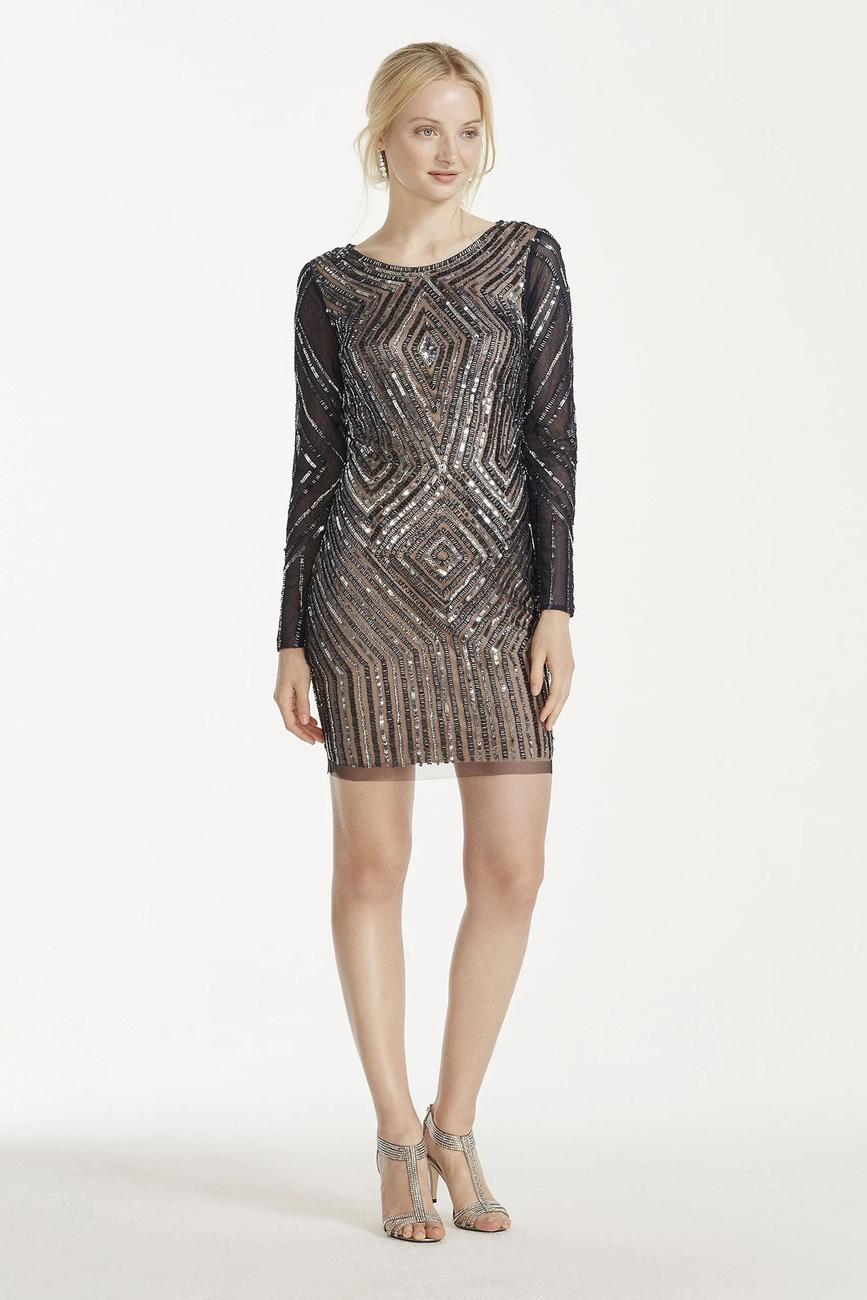 Illusion Long Sleeve Beaded Sheath Dress