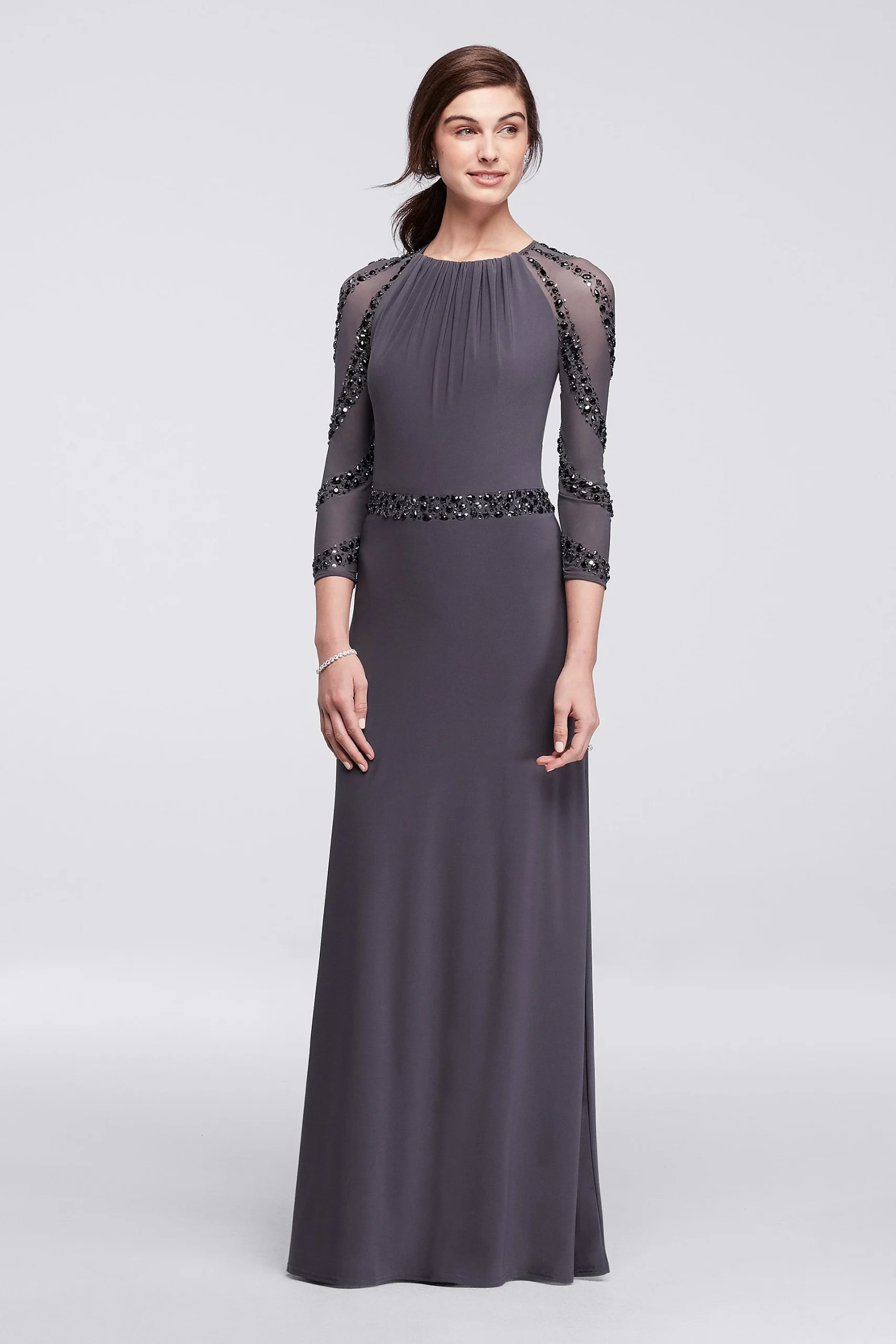 Illusion Long Sleeve Dress with Beaded Waist