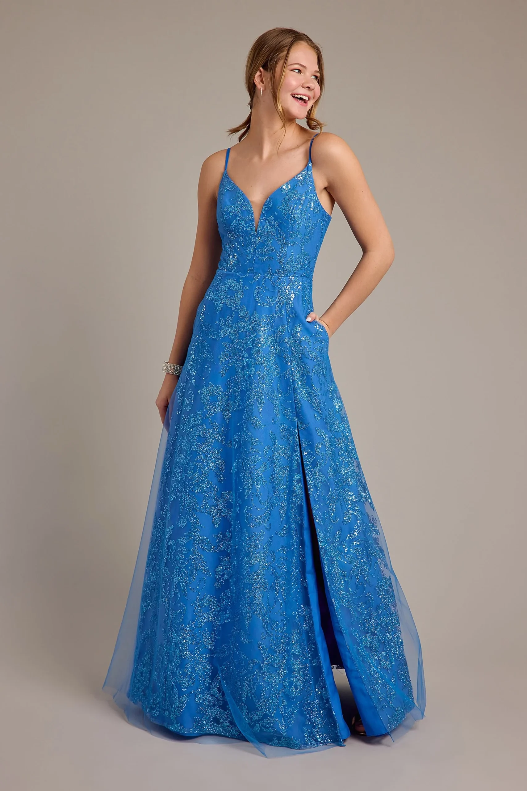 Illusion Plunge Glitter A-Line Dress