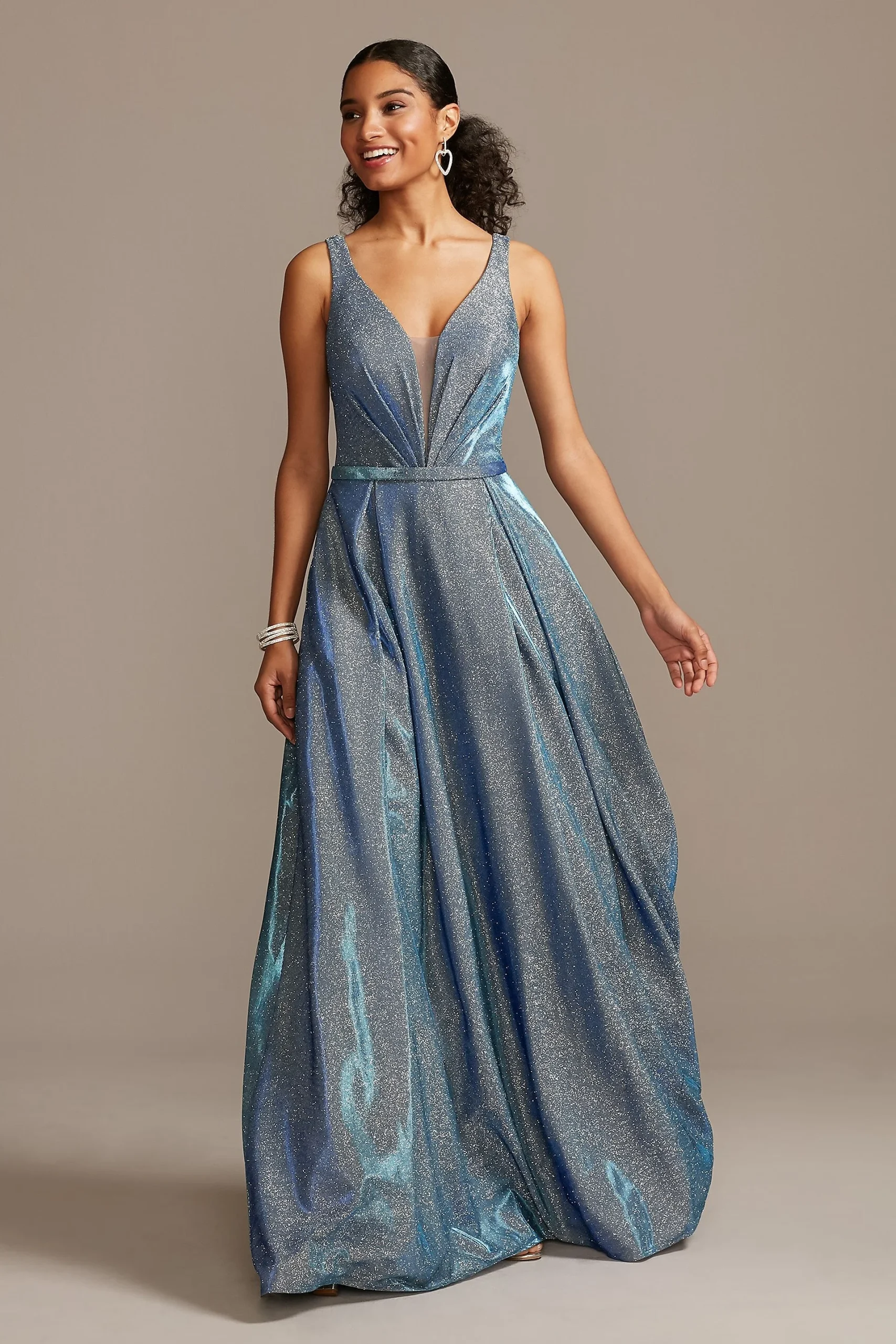 Illusion Plunge Iridescent Metallic Ball Gown