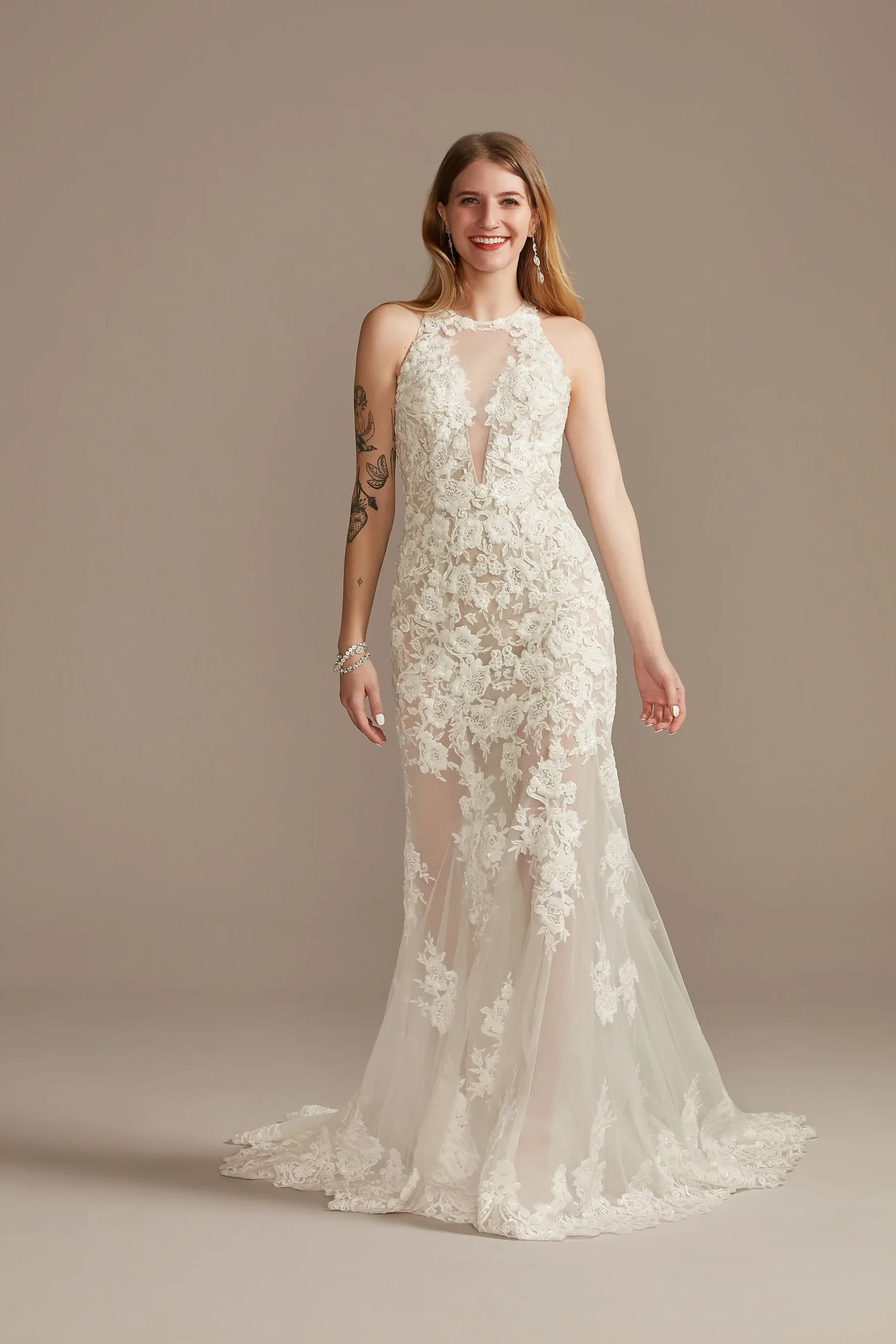 Illusion Sequin Floral Wedding Dress