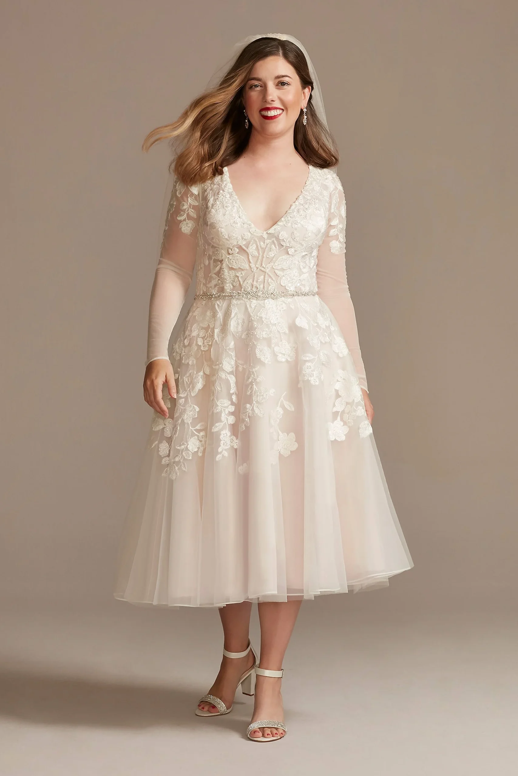 Illusion Sleeve Plunging Tea-Length Wedding Dress