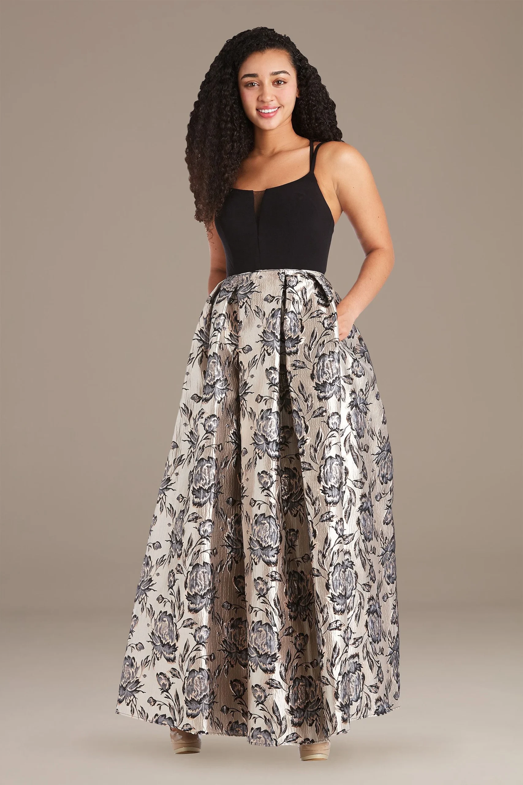 Illusion V-Neck Floral Brocade Ball Gown
