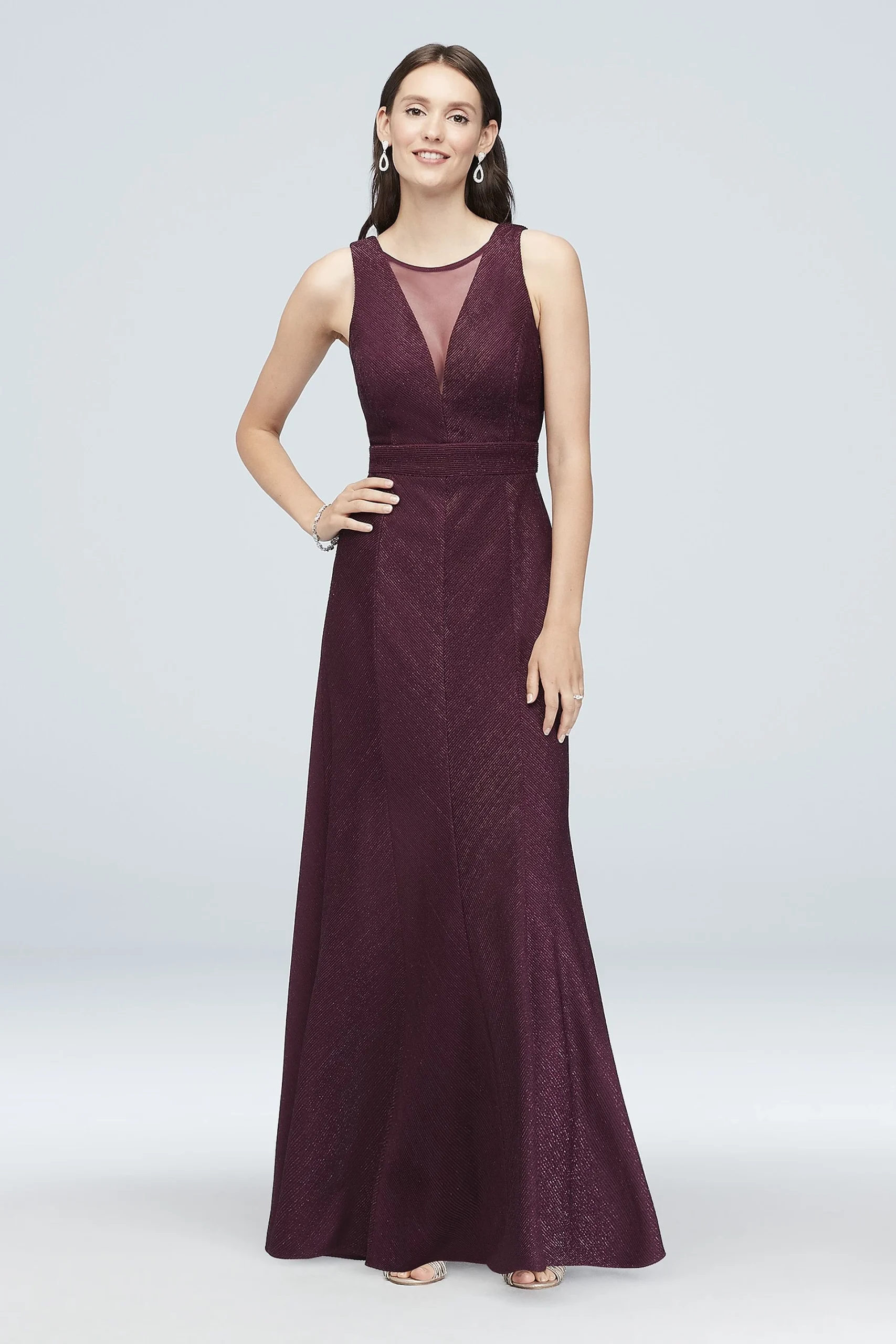 Illusion V-Neck Glitter-Knit Sheath Gown
