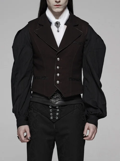 Imitation Leather Edge Collar Front Metal Button Dark Red Gothic Vest