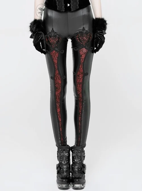 Imitation PU Knitted Splice Red Floral Pattern Decoration Black Punk Leggings