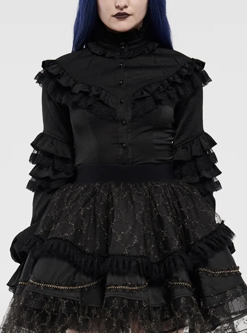 Imitation Satin Woven High Collar Chest Frill Small Puff Sleeves Lace Cuff Back Lace-Up Black Gothic Blouse