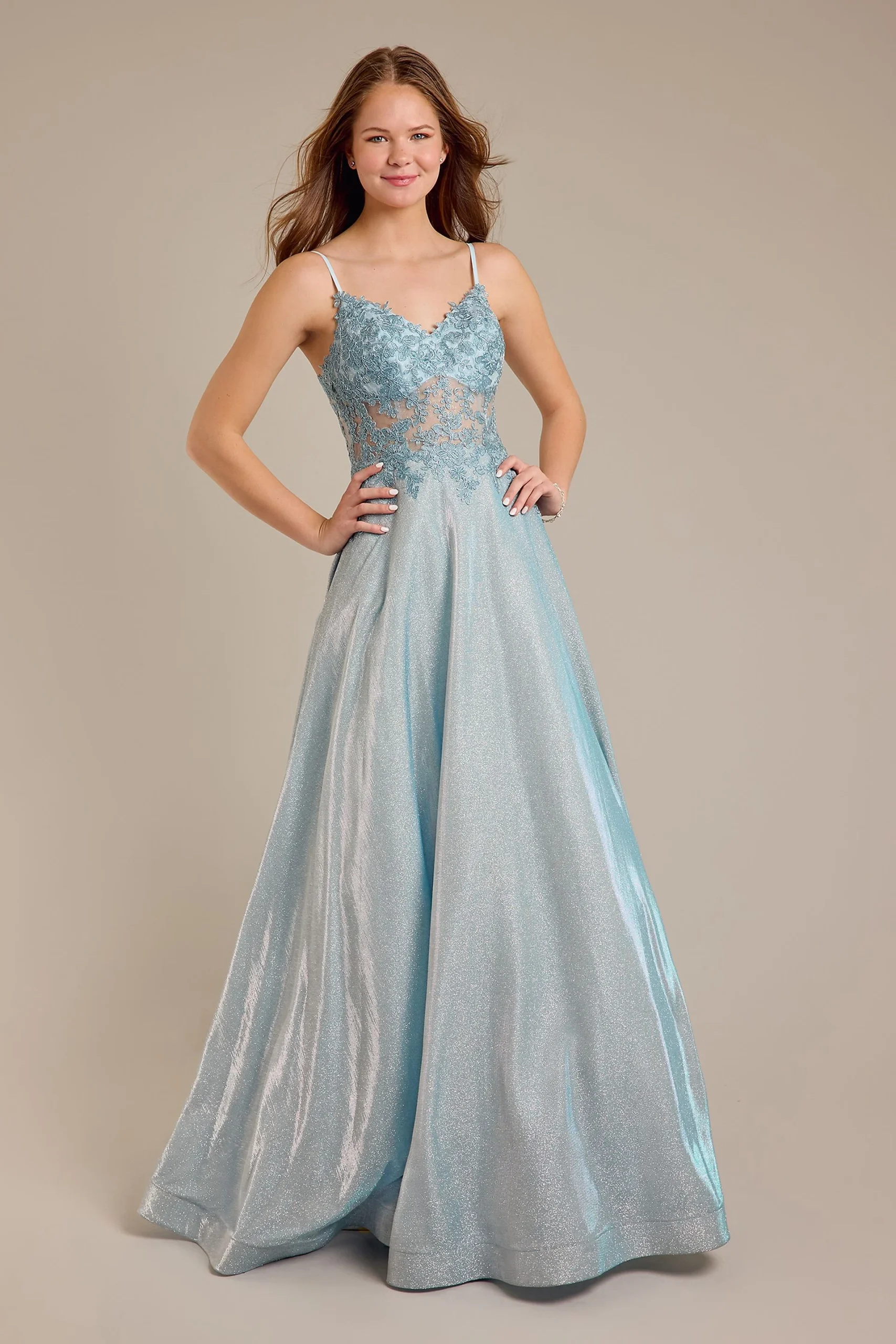 Iridescent Ball Gown with Illusion Lace Appl