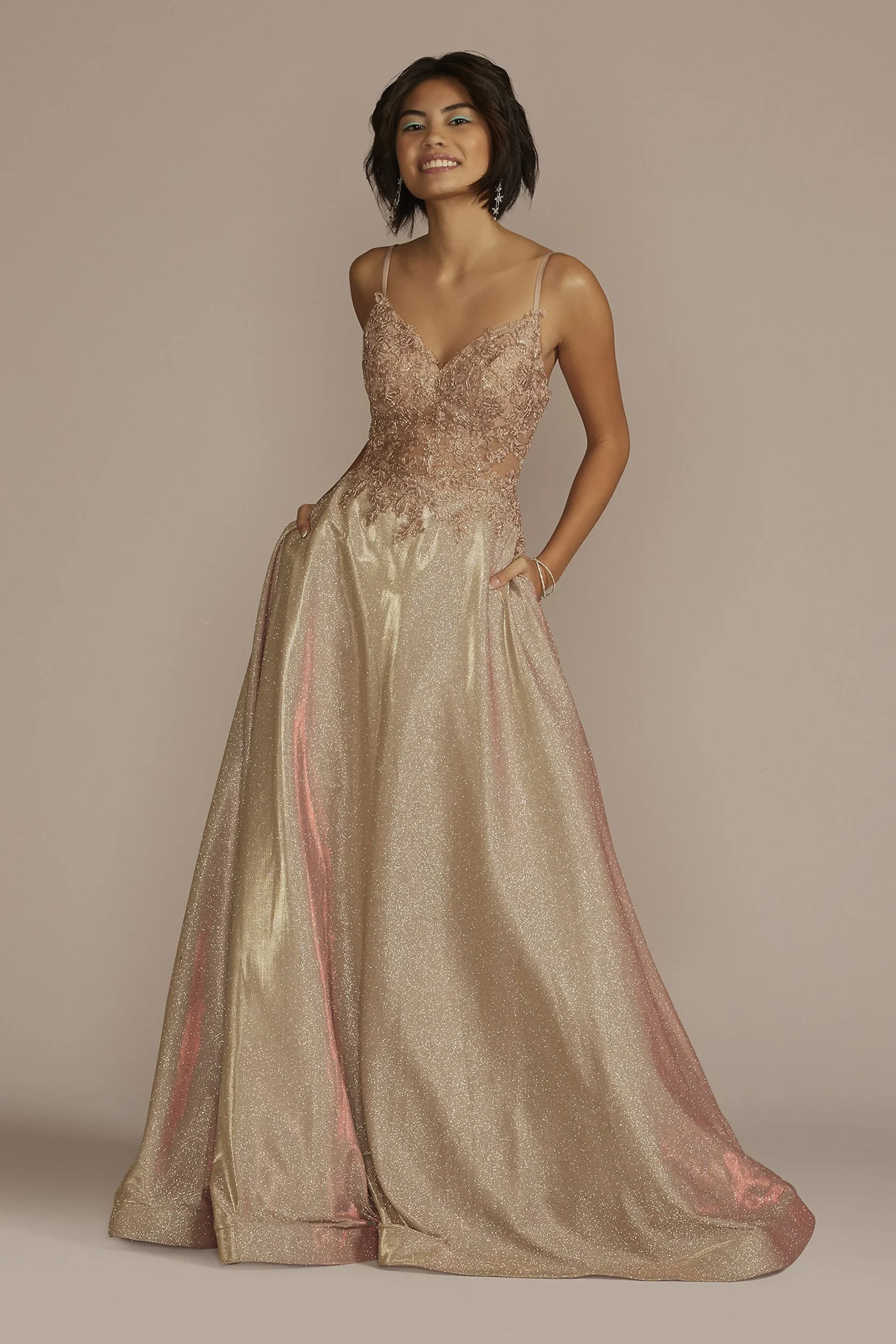 Iridescent Ball Gown with Illusion Lace Applique