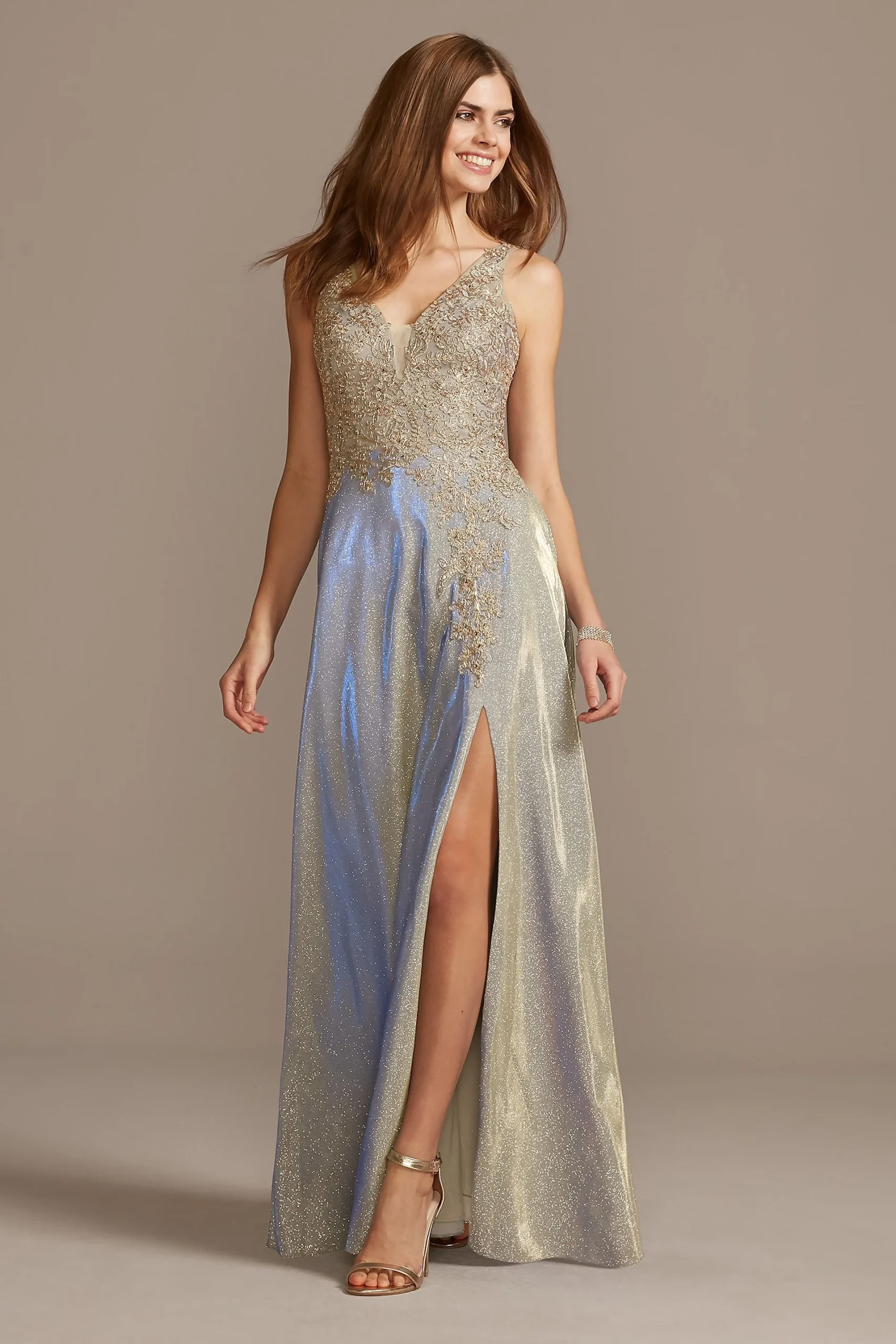 Iridescent Glitter Metallic Gown with Applique