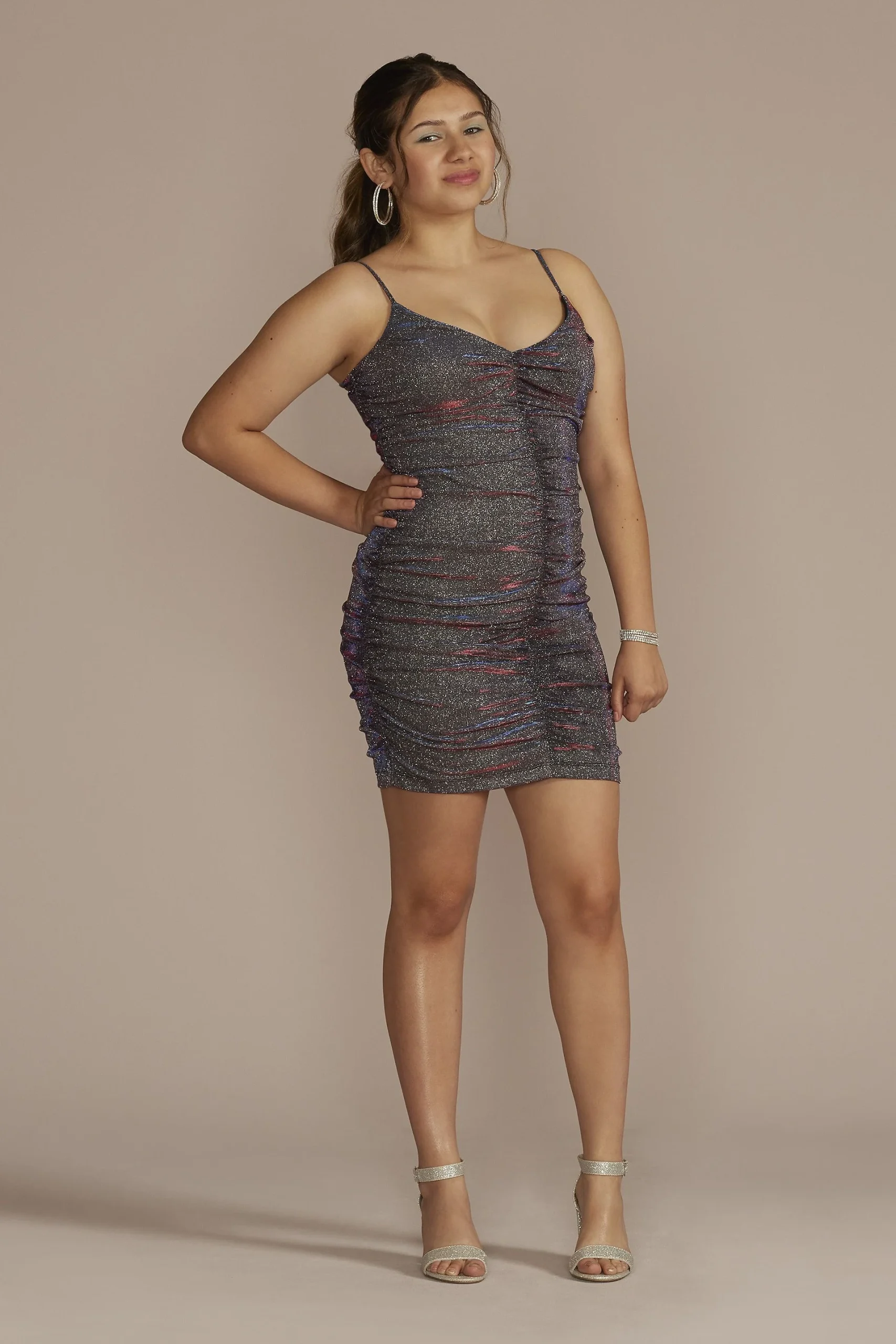 Iridescent Ruched Mini V-Neck Dress