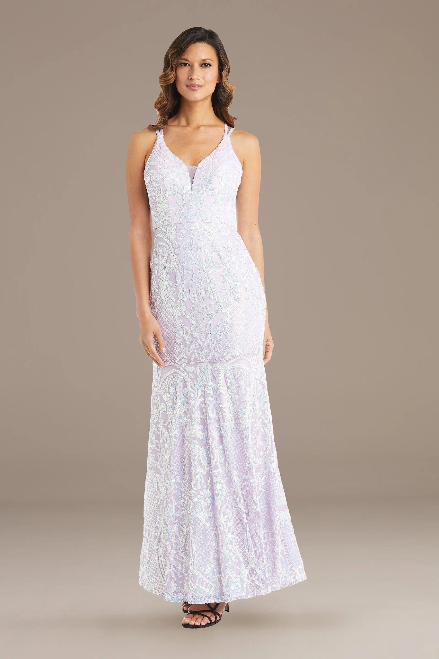 Iridescent Sequin Filigree Gown with Strappy Back