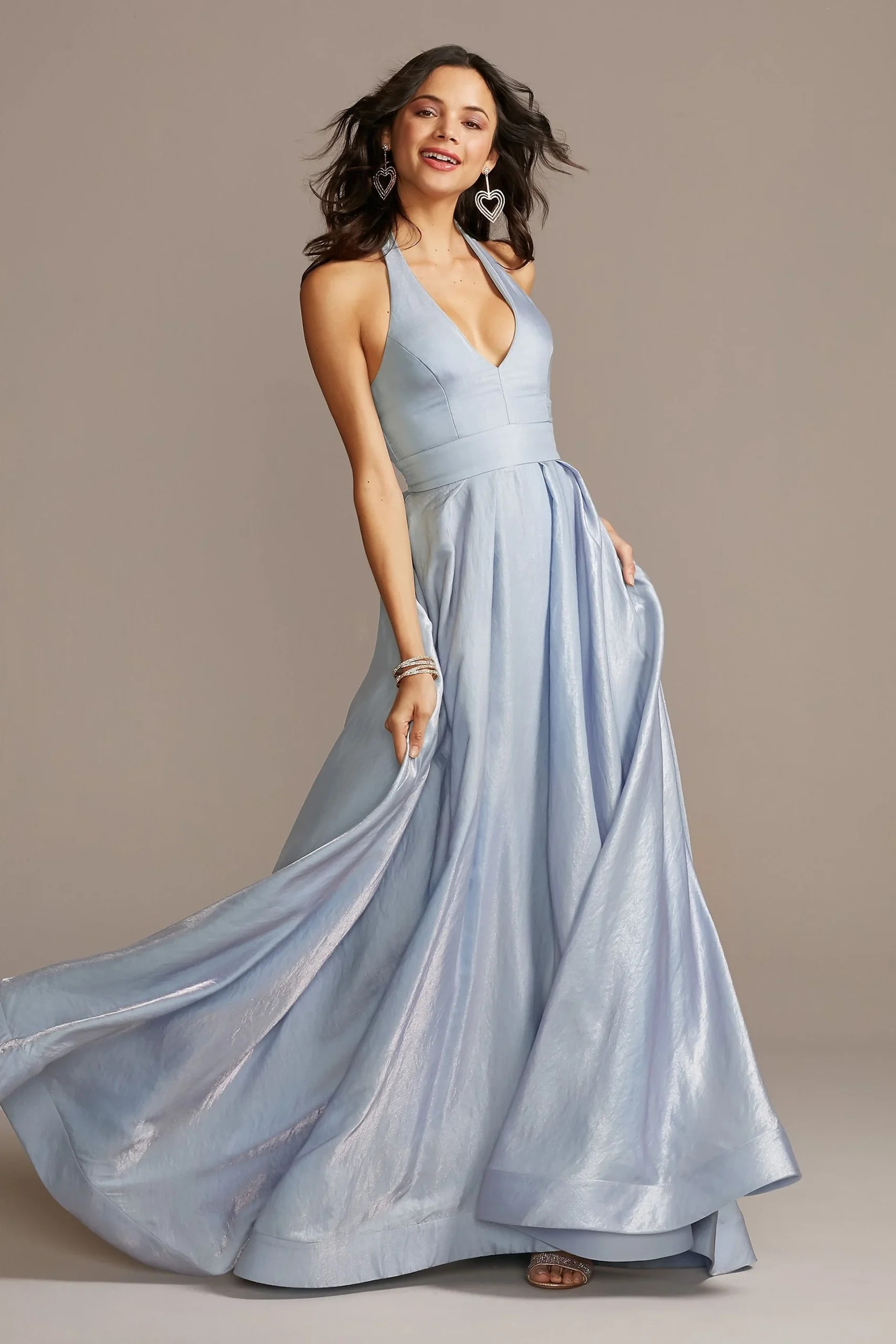 Iridescent Shimmer Plunging Halter Ball Gown